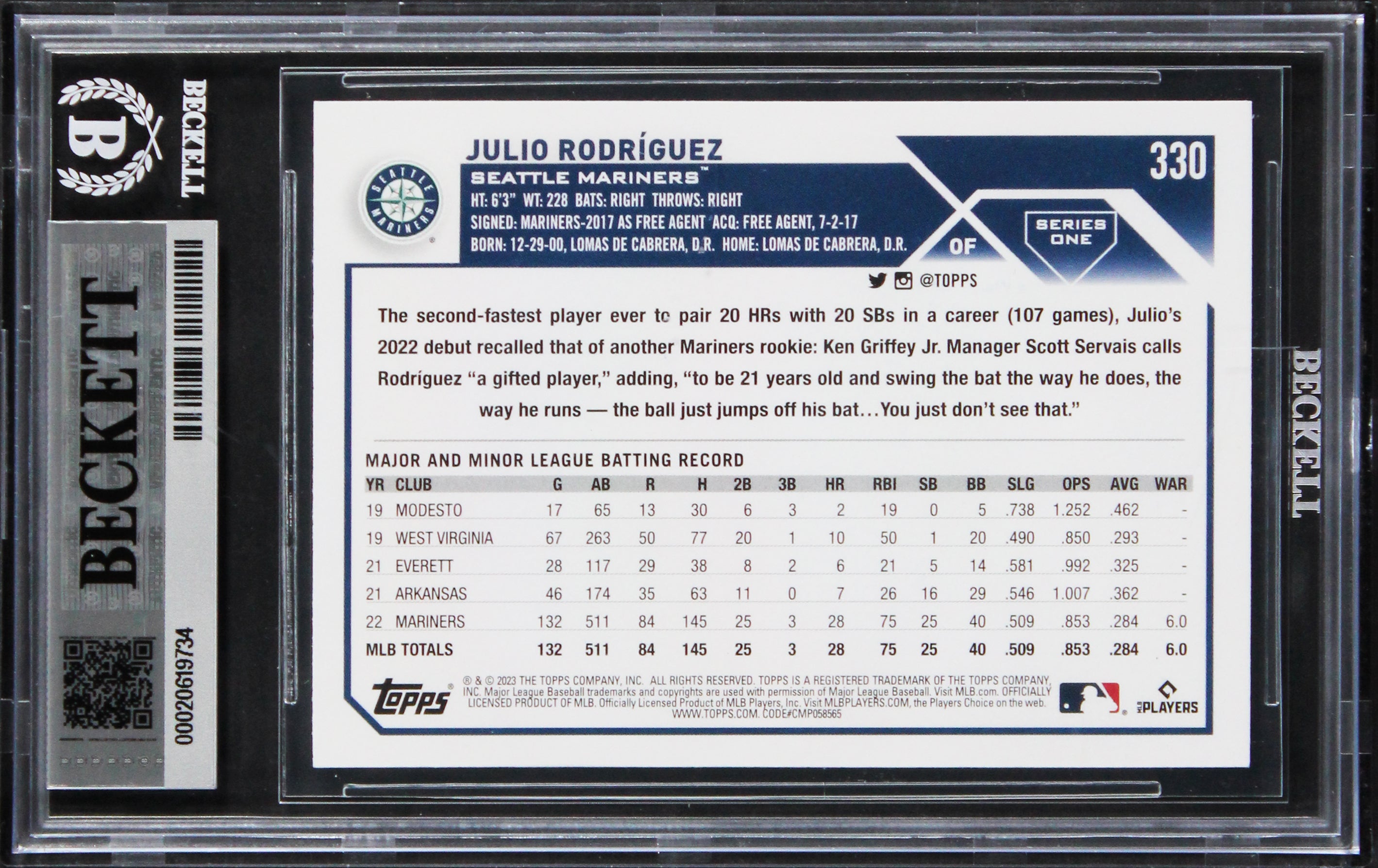 Mariners Julio Rodriguez Signed 2023 Topps #330 Card Auto Grade 10! BAS Slabbed