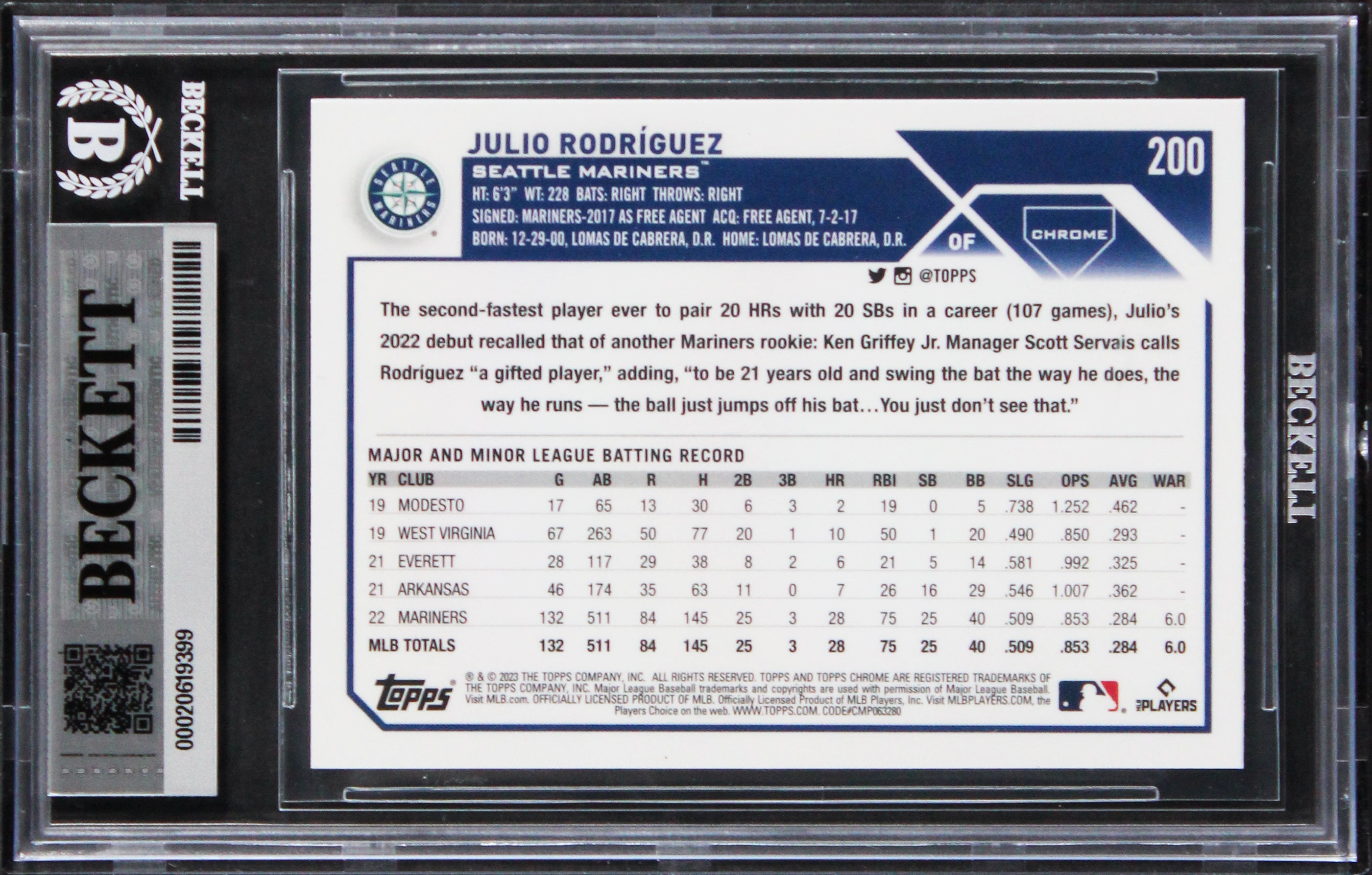 Mariners Julio Rodriguez Signed 2023 Topps Logo #200 Card Auto 10! BAS Slabbed