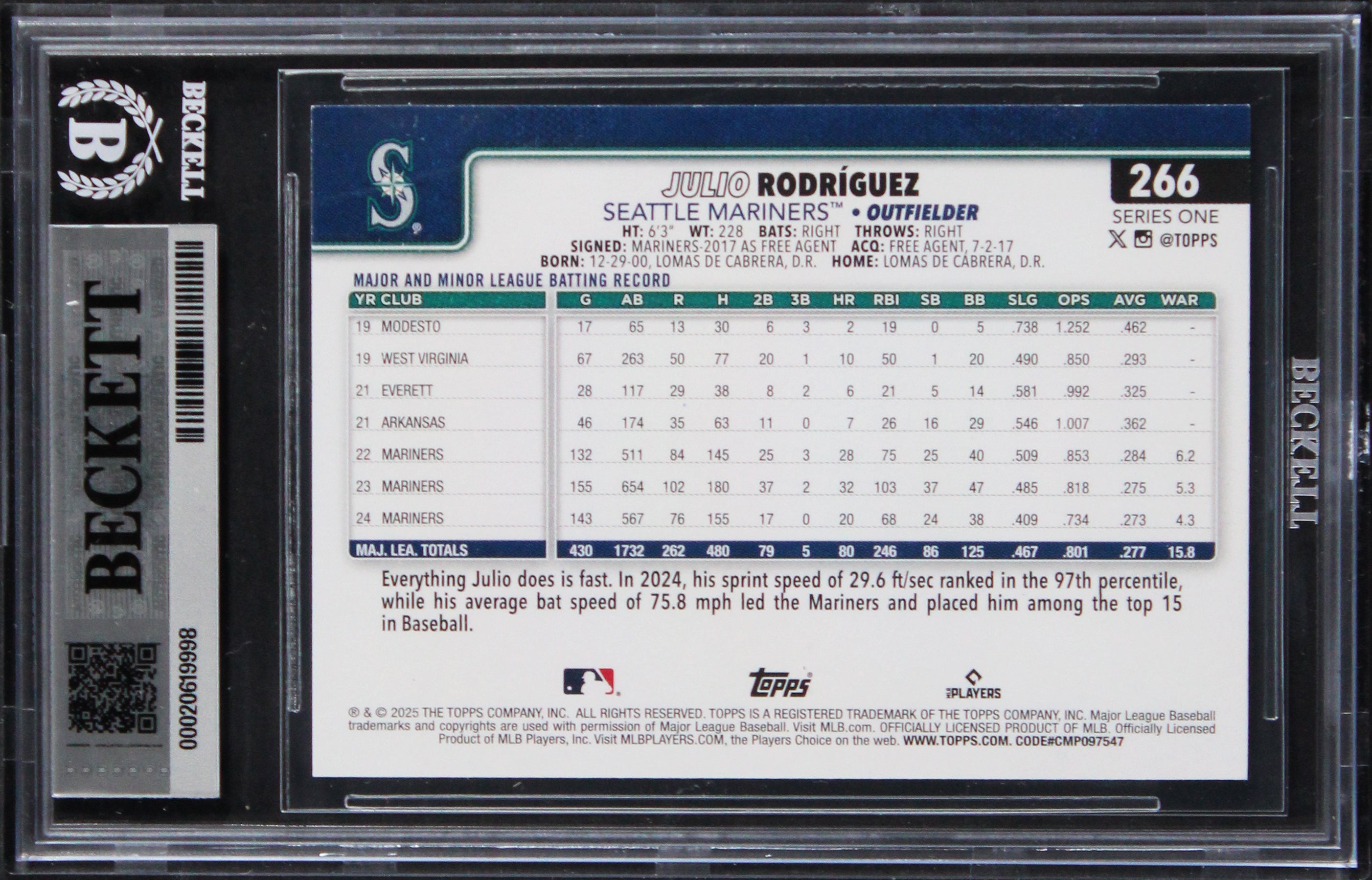 Mariners Julio Rodriguez Signed 2025 Topps #266 Card Auto Grade 10! BAS Slabbed