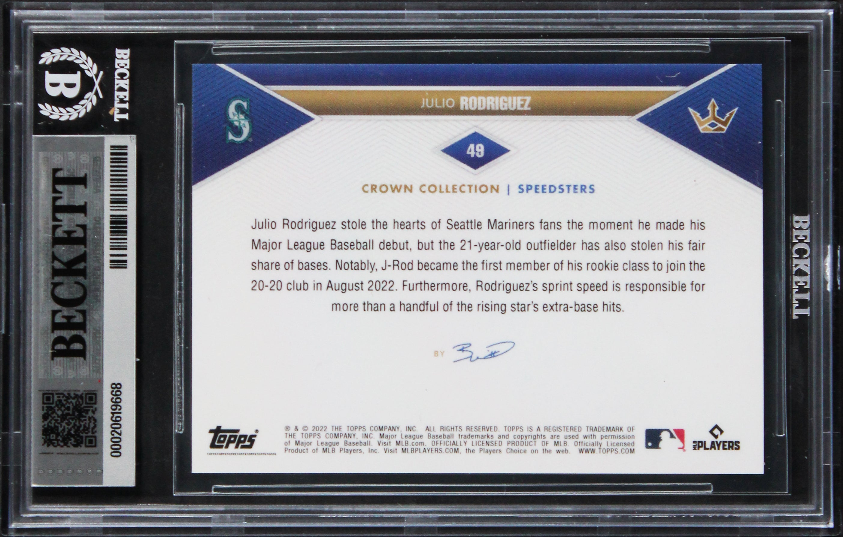 Mariners Julio Rodriguez Signed 2022 Topps #49 Rookie Card Auto 10! BAS Slabbed