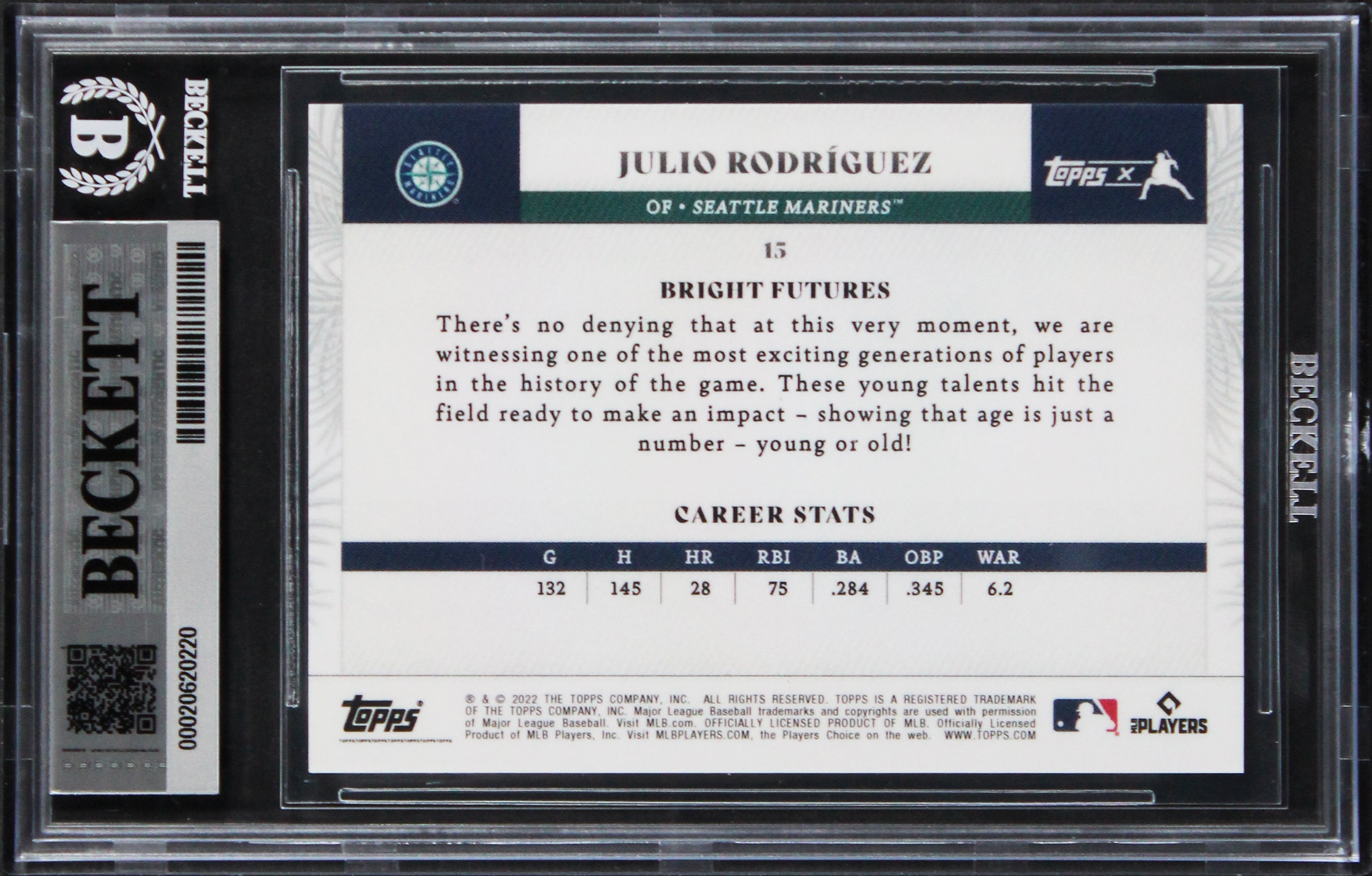 Mariners Julio Rodriguez Signed 2022 Topps X Soto #15 RC Card Auto 10! BAS Slab