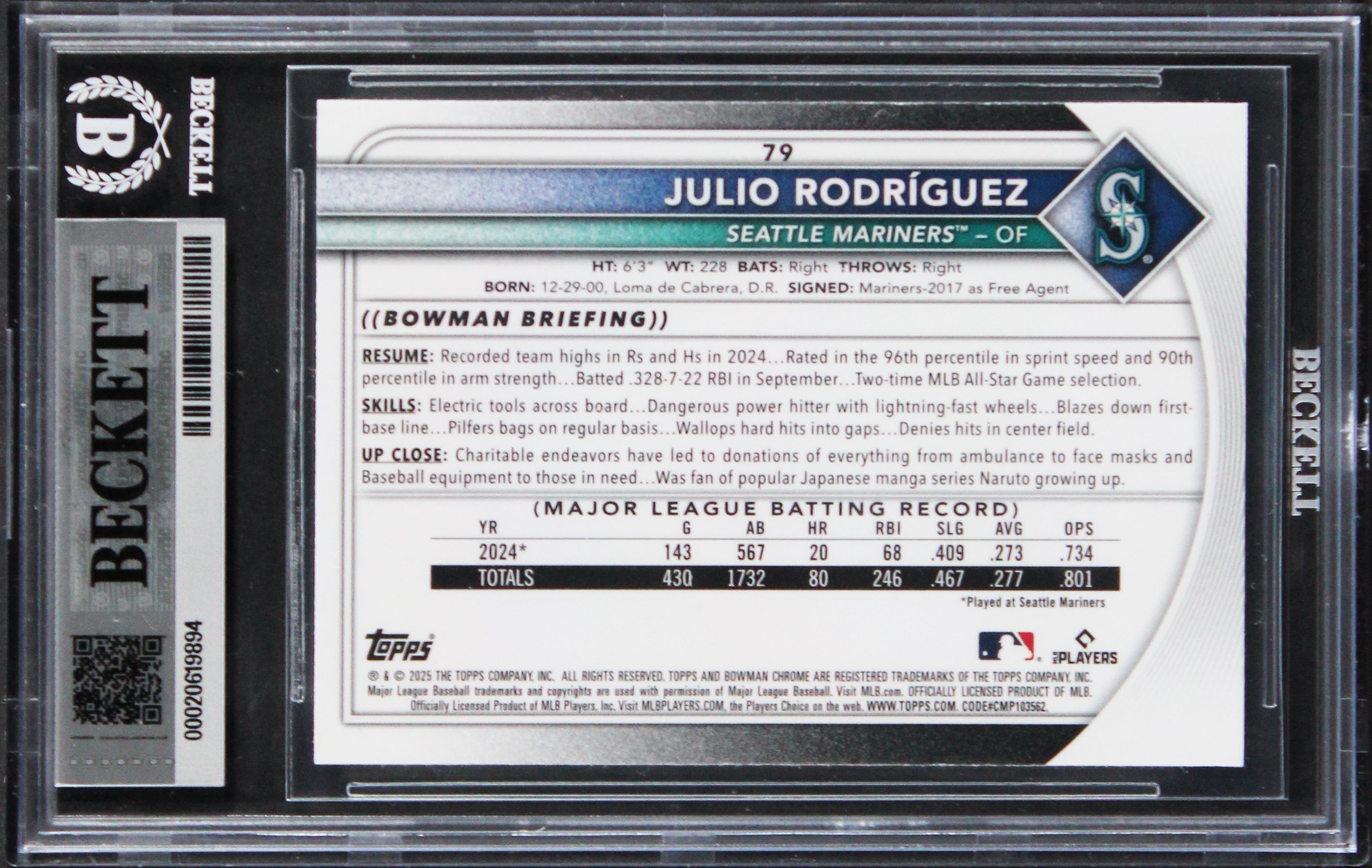 Mariners Julio Rodriguez Signed 2025 Bowman Chrome #79 Card Auto 10! BAS Slabbed