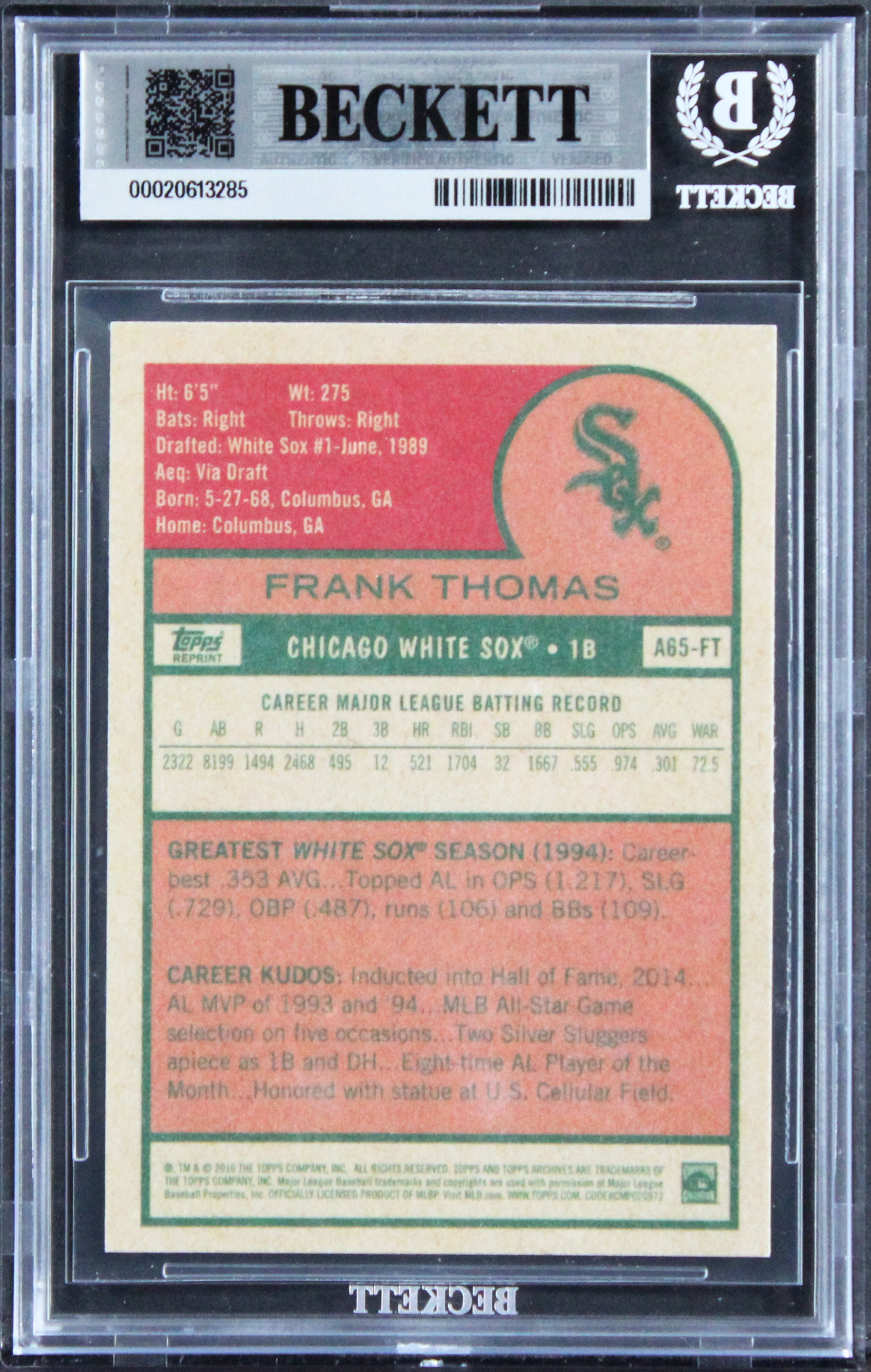 White Sox Frank Thomas Signed 1990 Topps #414 Rookie Card Auto 10! BAS Slabbed