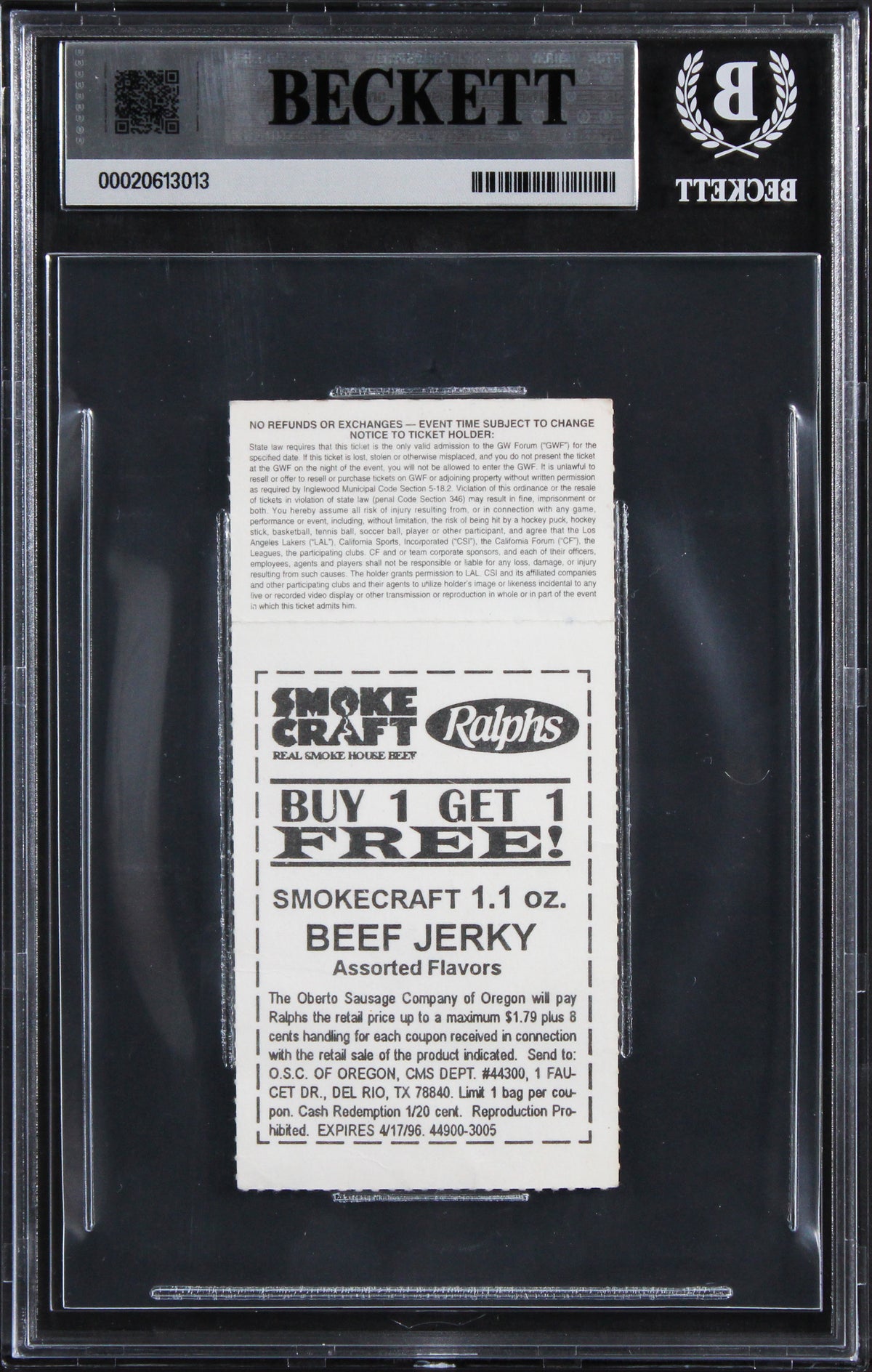 Magic Johnson & Shaquille O'Neal Signed 1996 Ticket Stub Card Auto 10! BAS Slab