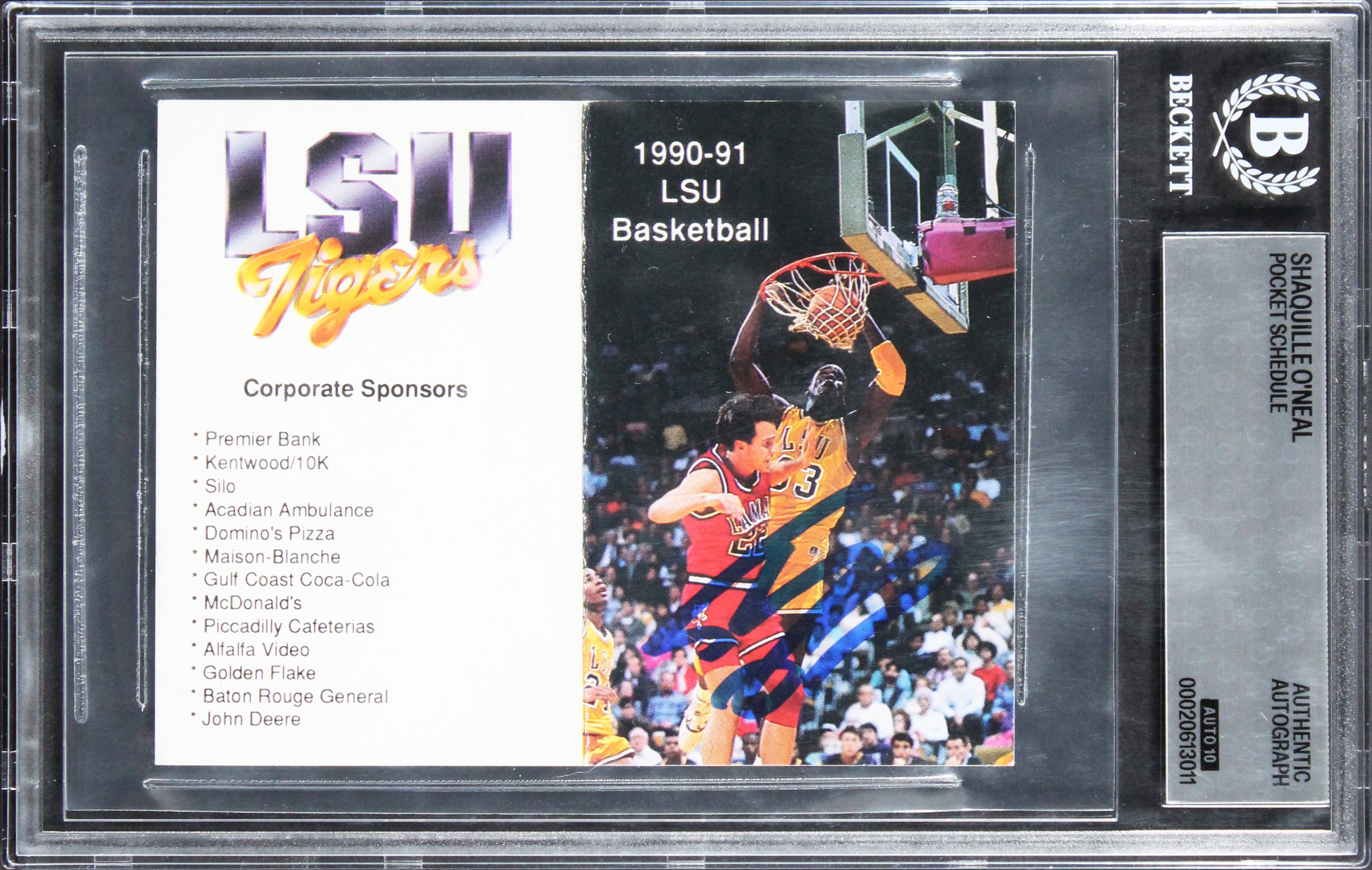 Shaquille O'Neal Signed 1990 LSU Basketball Pocket Schedule Auto 10! BAS Slabbed