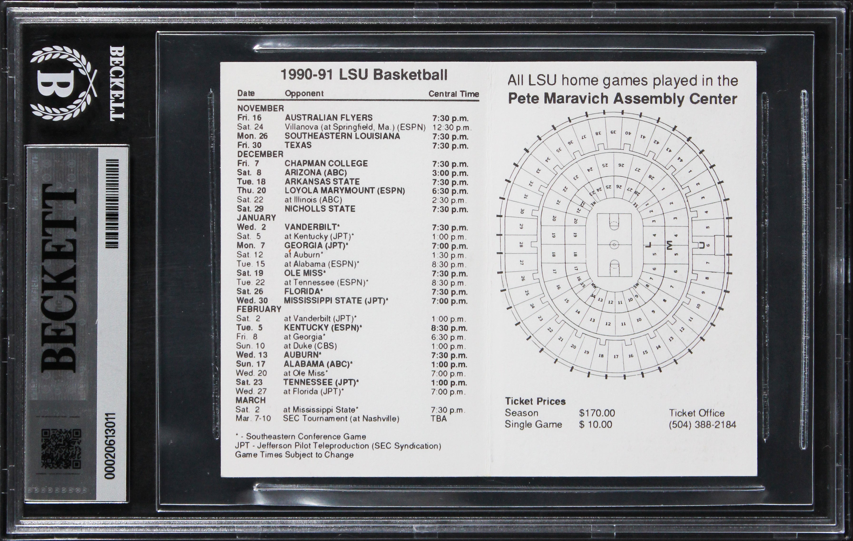Shaquille O'Neal Signed 1990 LSU Basketball Pocket Schedule Auto 10! BAS Slabbed