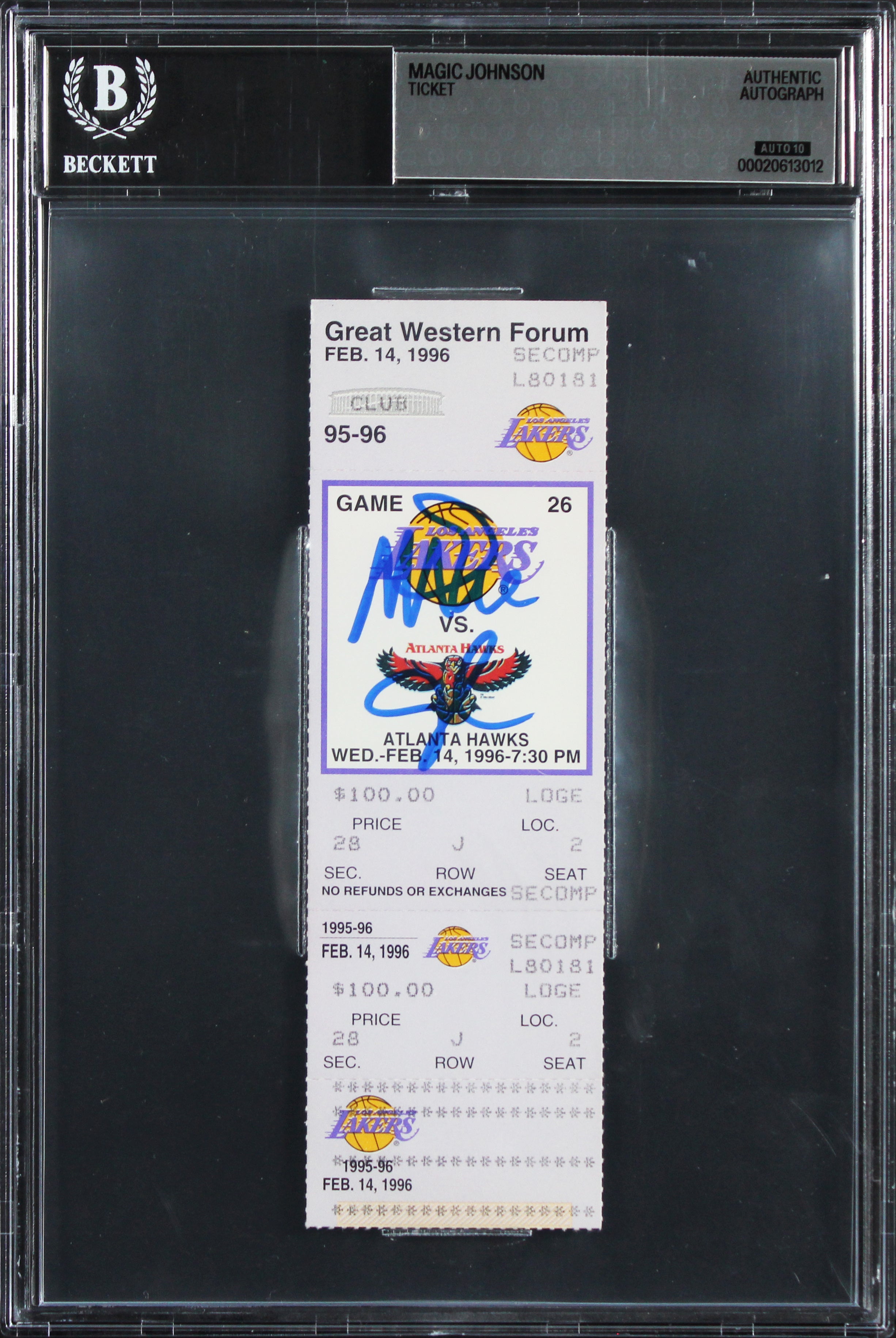 Magic Johnson Signed 1996 Lakers VS Hawks Ticket Stub Card Auto 10! BAS Slabbed