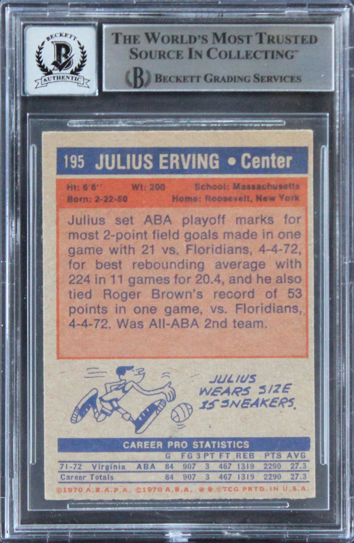 Julius Erving "HOF 93" Signed 1972 Topps #195 Rookie Card Auto 10! BAS Slabbed 5