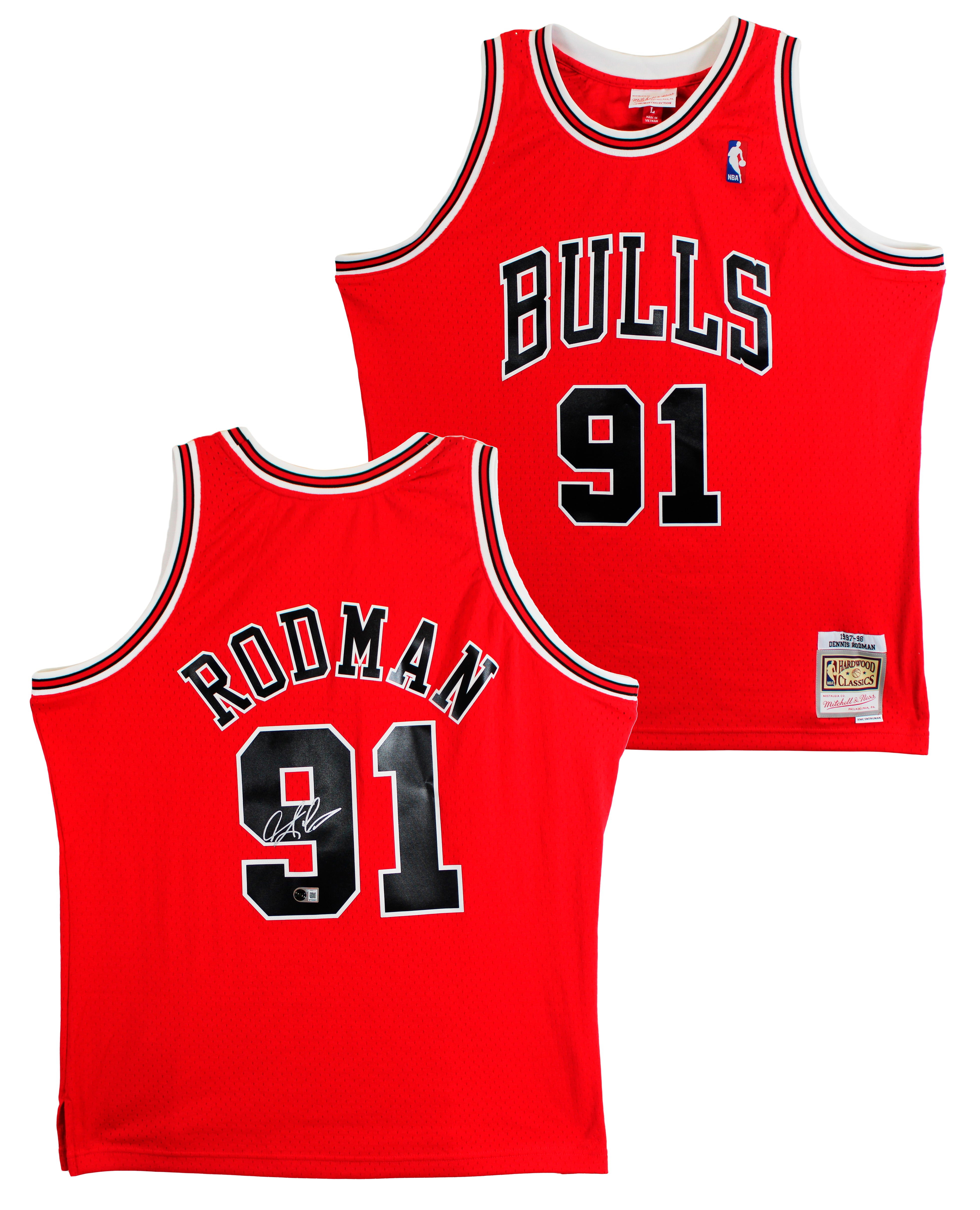 Bulls Dennis Rodman Signed Red Mitchell & Ness HWC Swingman Jersey BAS Witnessed
