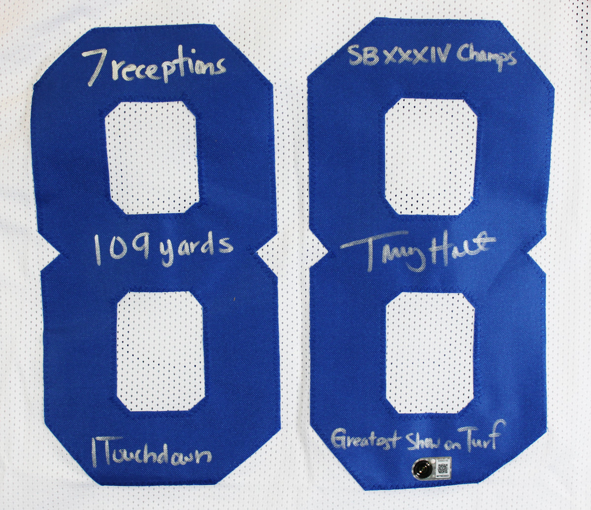 Torry Holt "5x Insc" Signed Rookie Era White Pro Style Jersey BAS Witnessed