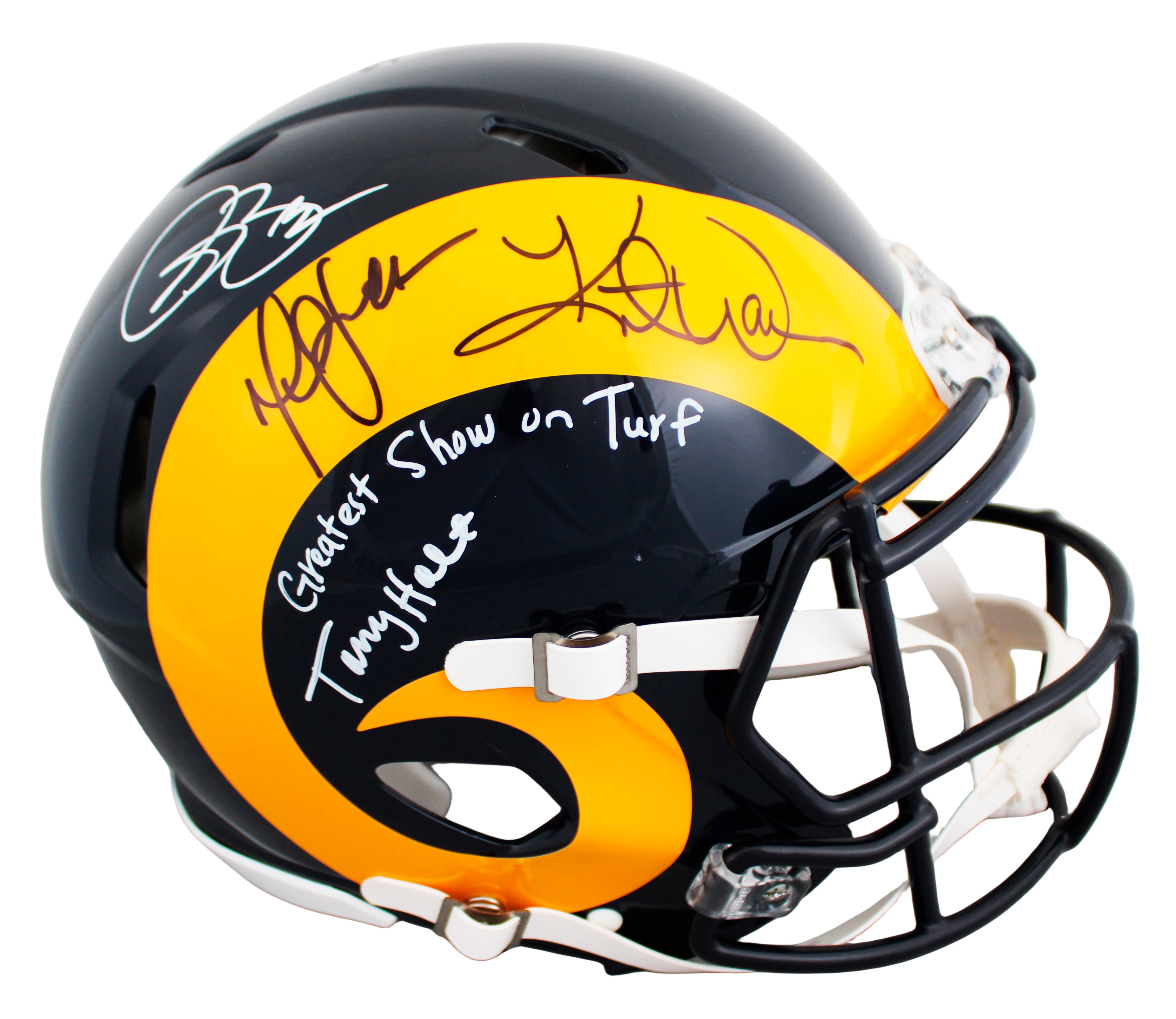 Rams (4) Bruce, Warner +2 Signed 81-99 TB F/S Speed Proline Helmet W/ Case BAS W