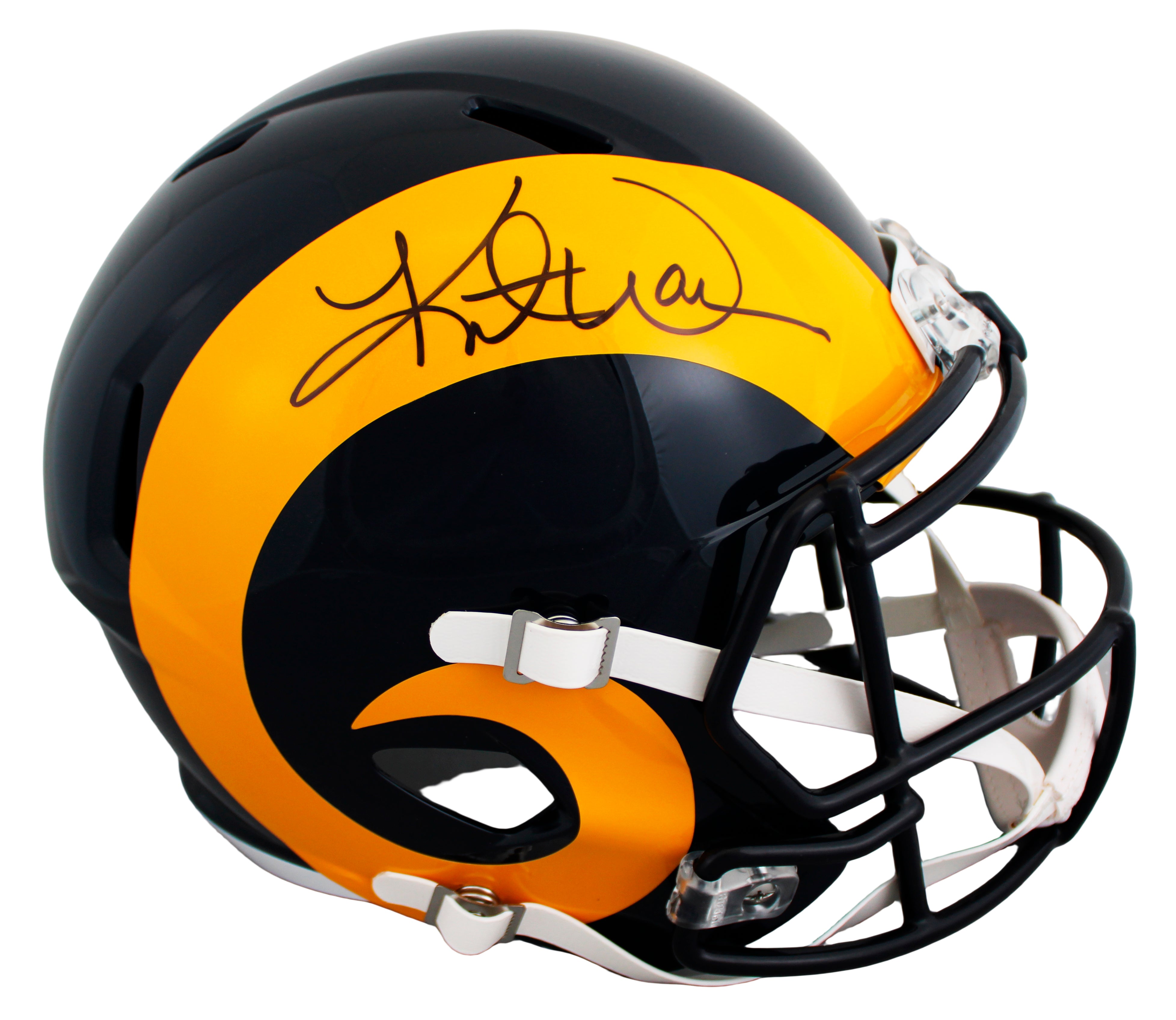 Rams Kurt Warner Signed 1981-99 TB Full Size Speed Rep Helmet W/ Case BAS Wit