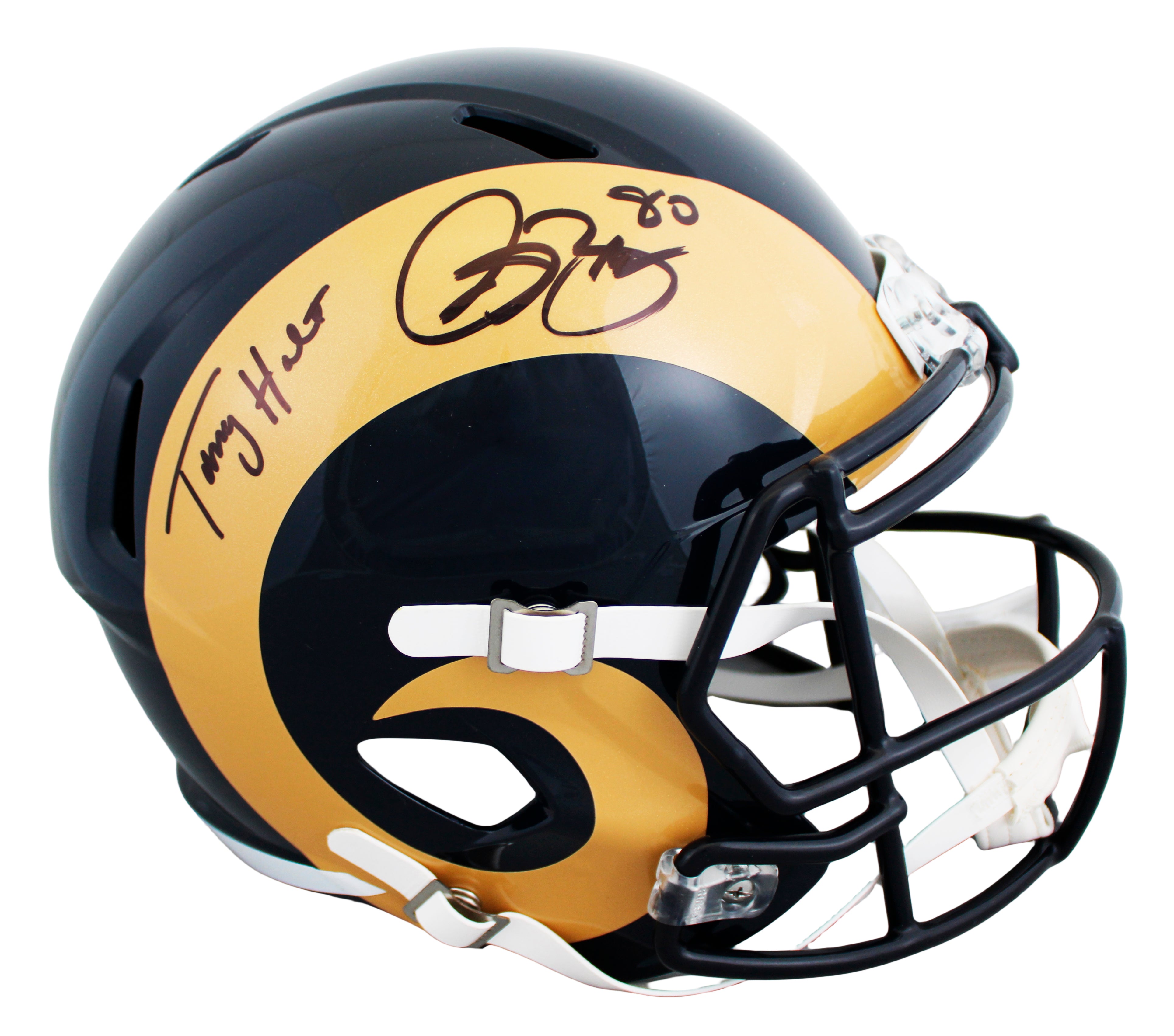Rams Isaac Bruce & Torry Holt Signed 2000-16 TB Full Size Speed Rep Helmet BAS W