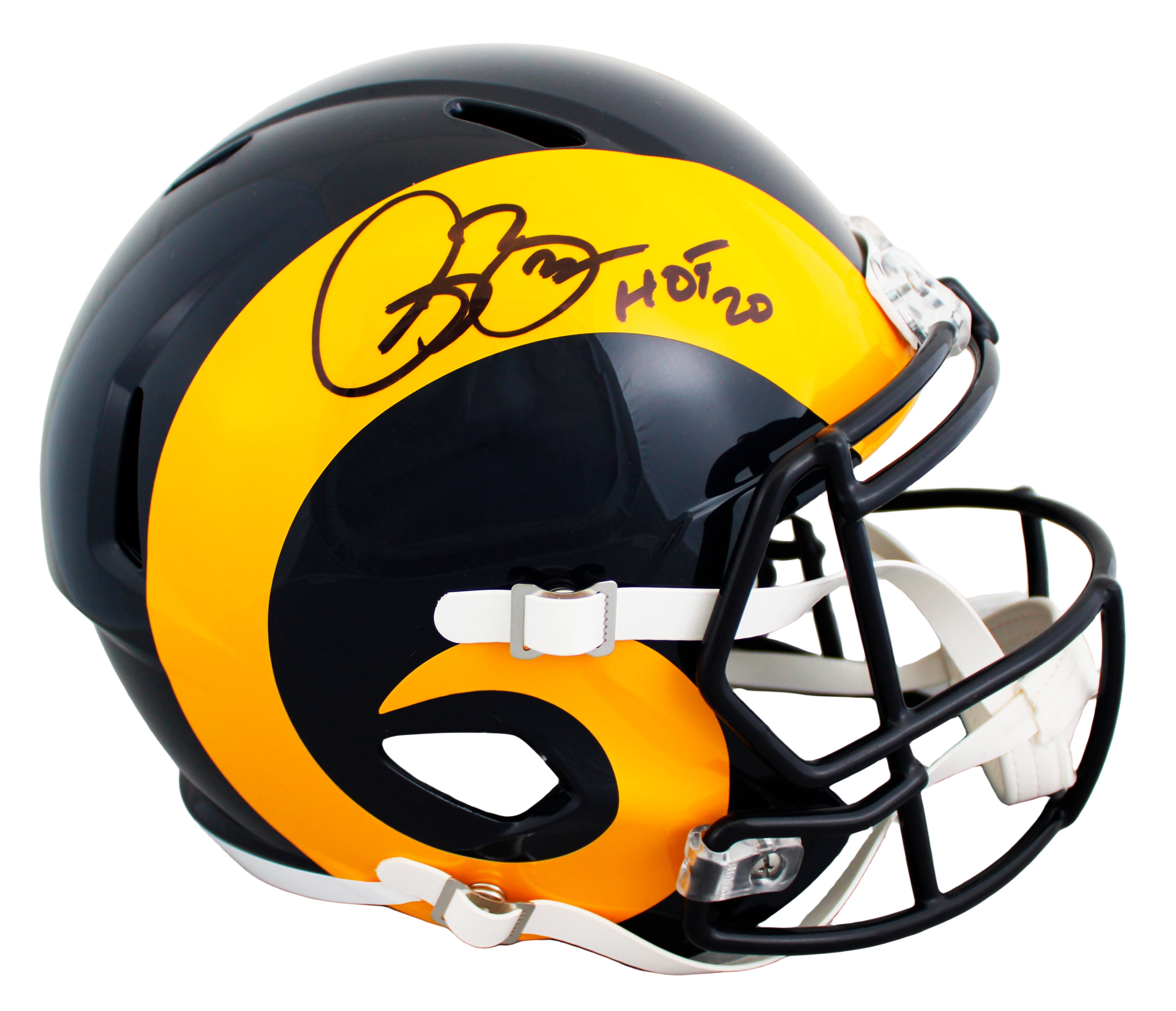 Rams Isaac Bruce "HOF 20" Signed 1981-99 TB Full Size Speed Rep Helmet BAS Wit
