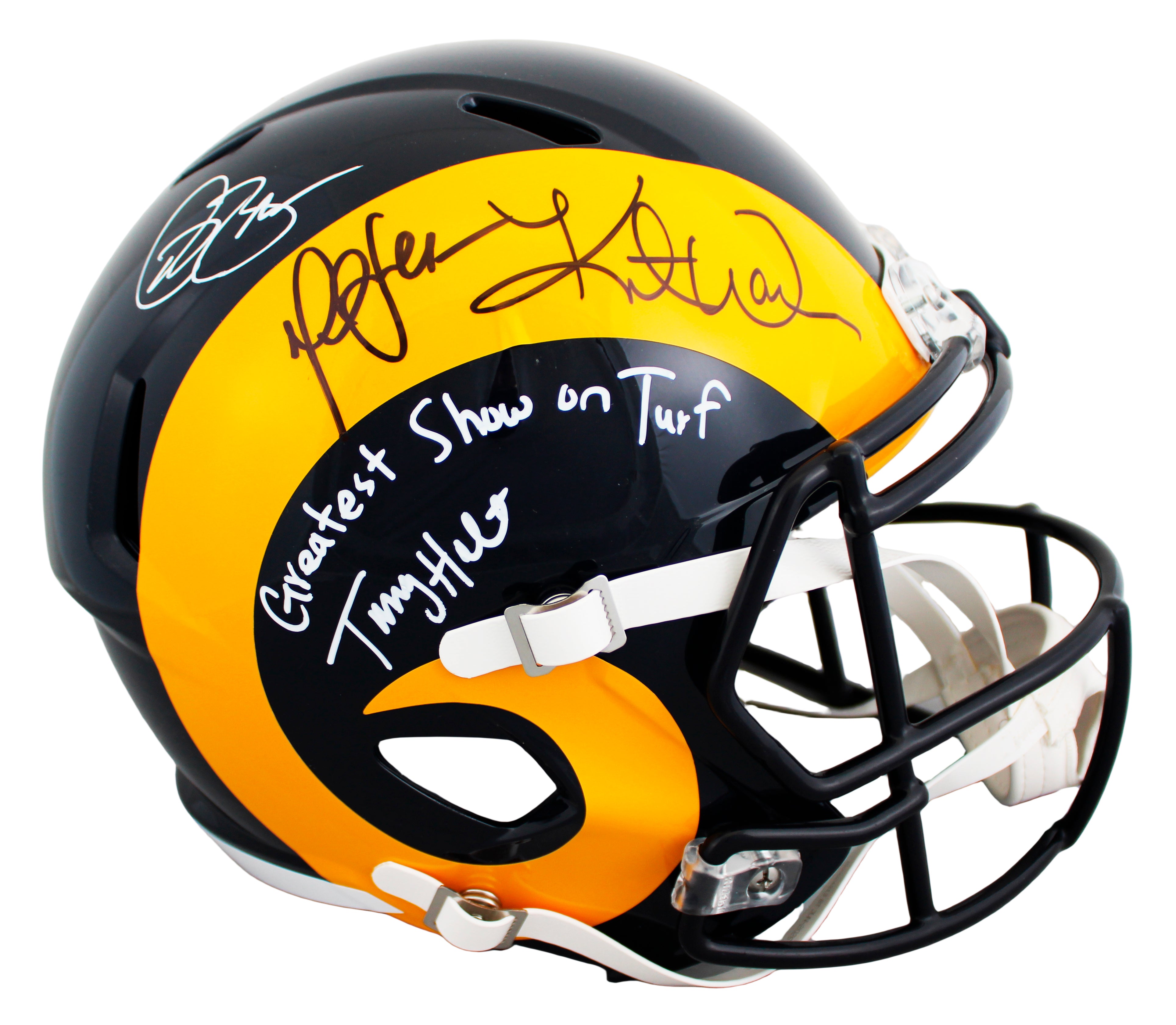 Rams (4) Bruce, Warner +2 Signed 81-99 TB F/S Speed Rep Helmet W/ Case BAS Wit