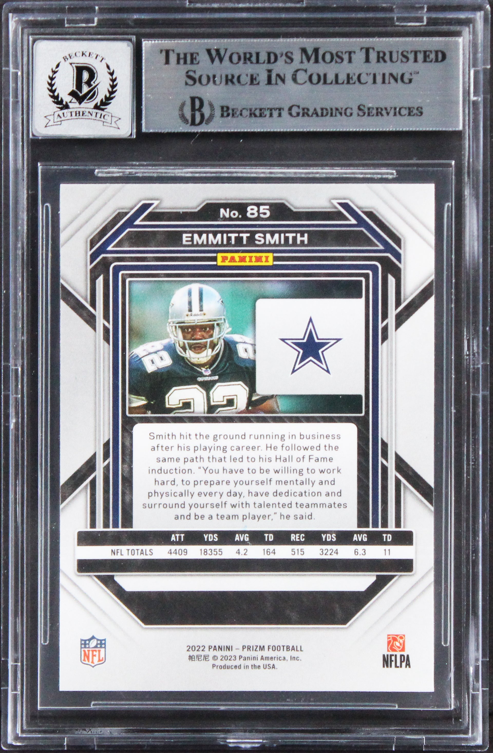 Cowboys Emmitt Smith Signed 2022 Panini Prizm #85 Card Auto 10! BAS Slabbed