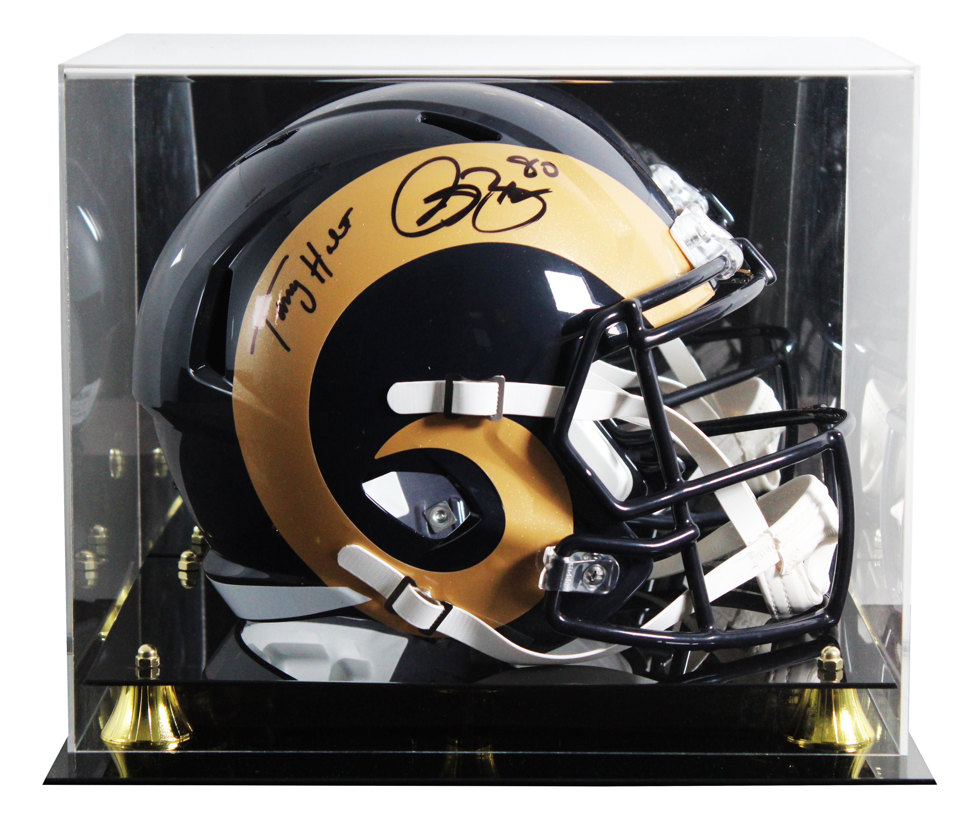 Rams Isaac Bruce & Torry Holt Signed 00-16 TB F/S Speed Rep Helmet W/ Case BAS W