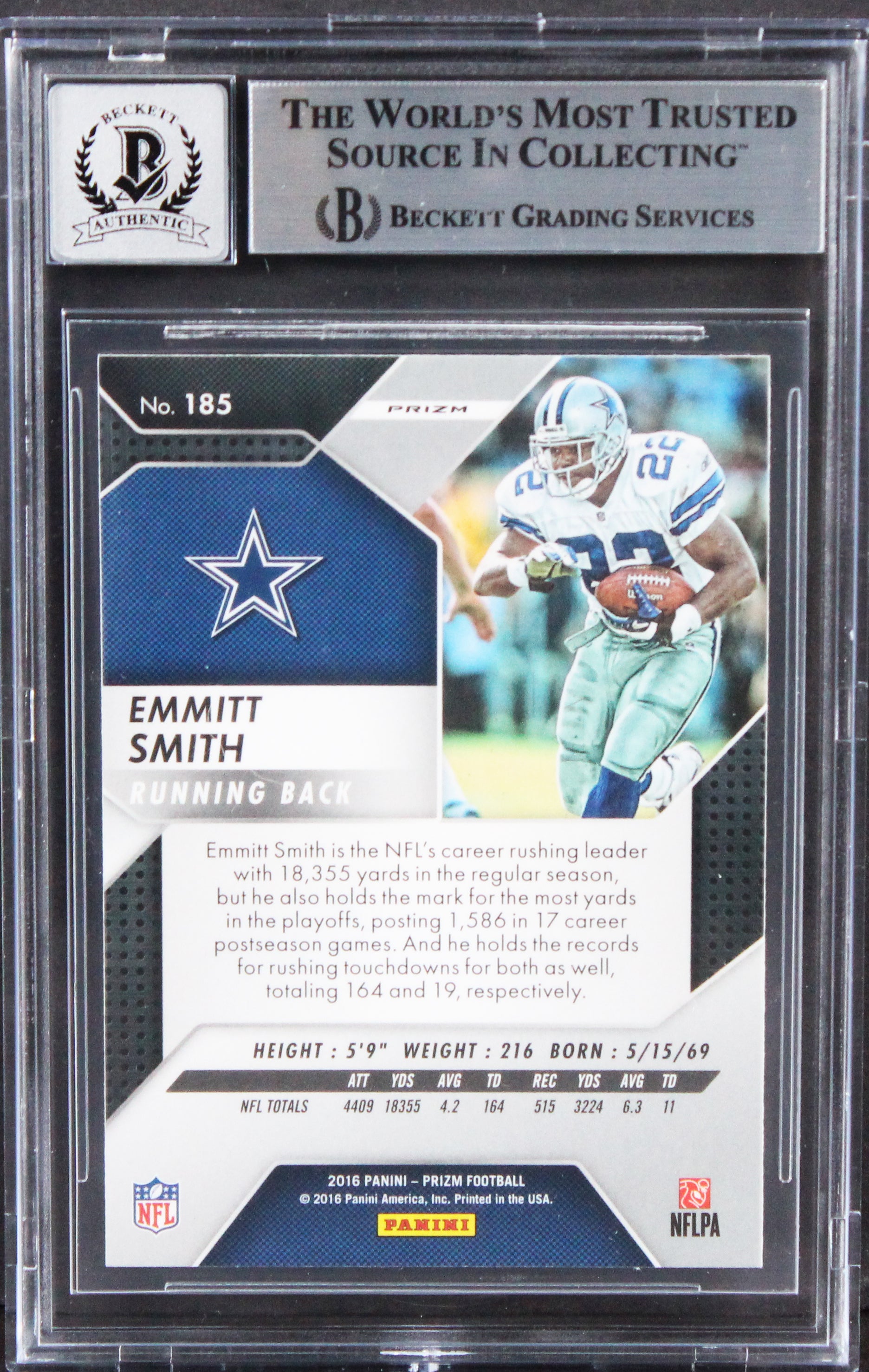 Cowboys Emmitt Smith Signed 2016 Panini Prizm #185 Card Auto 10! BAS Slabbed