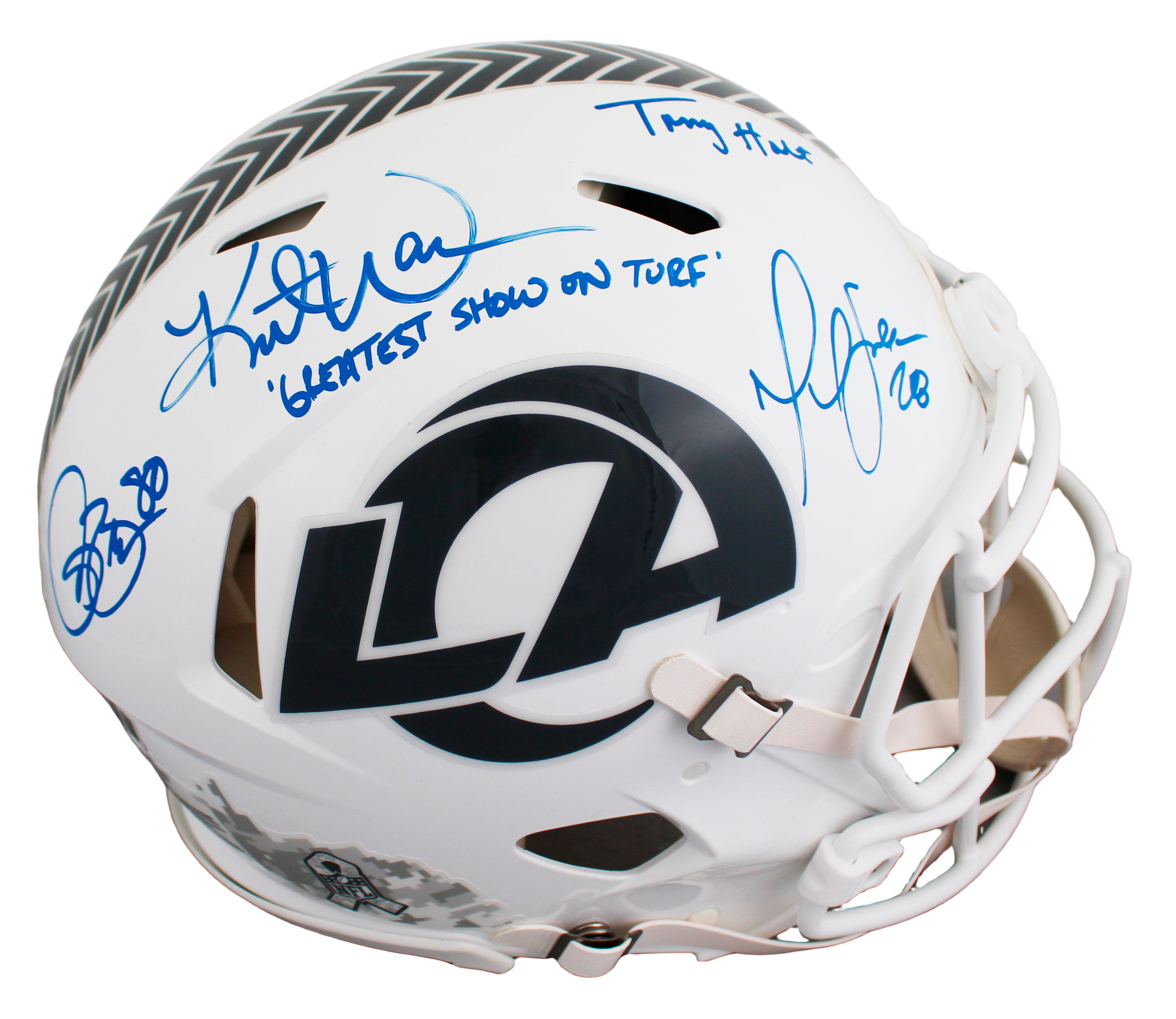 (4) Bruce, Warner, Faulk +1 Signed STS III F/S Speed Proline Helmet W/ Case BAS