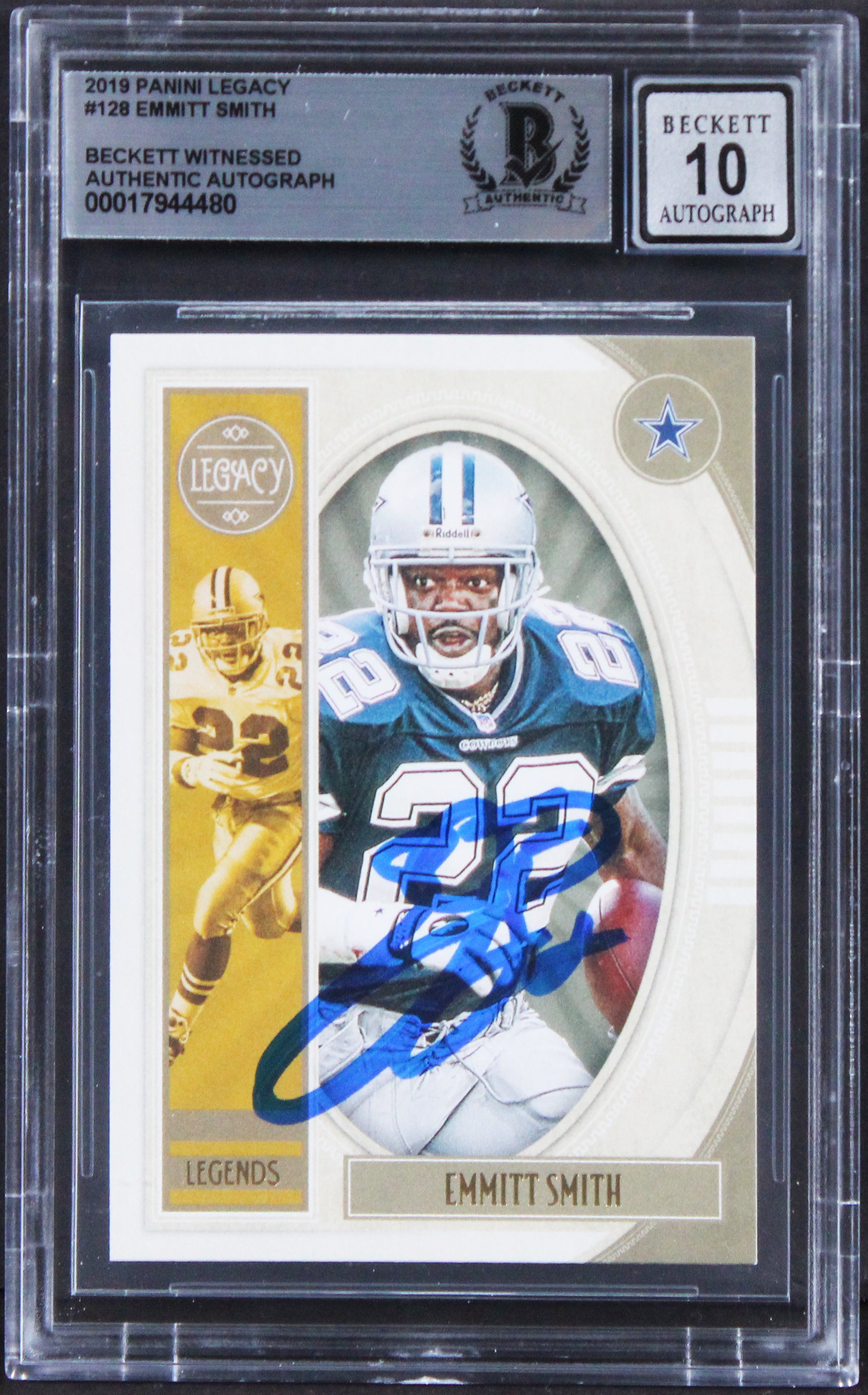 Cowboys Emmitt Smith Signed 2019 Panini Legacy #128 Card Auto 10! BAS Slabbed