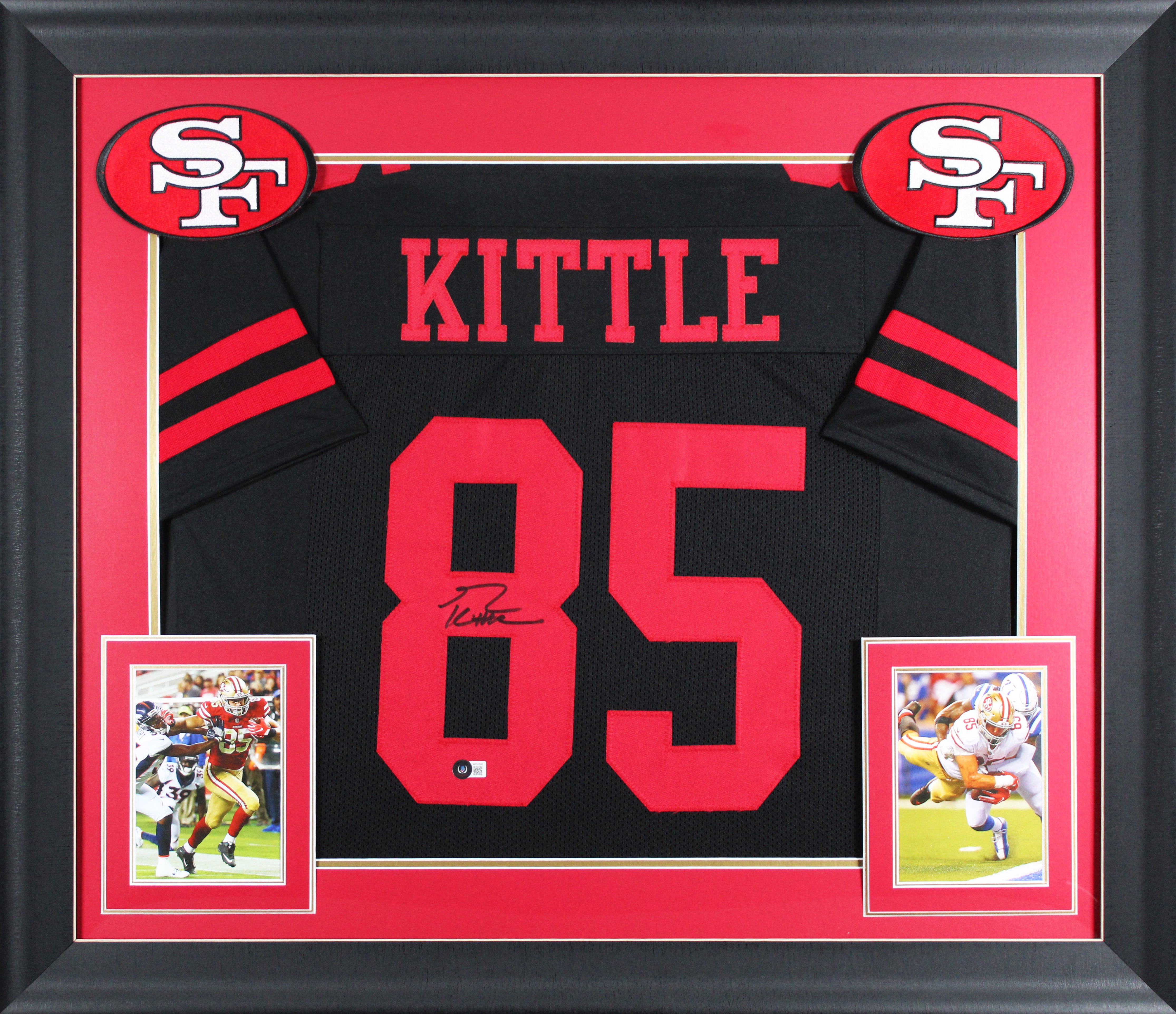 George Kittle Authentic Signed Black Pro Style Framed Jersey w/ Red #'s BAS Wit