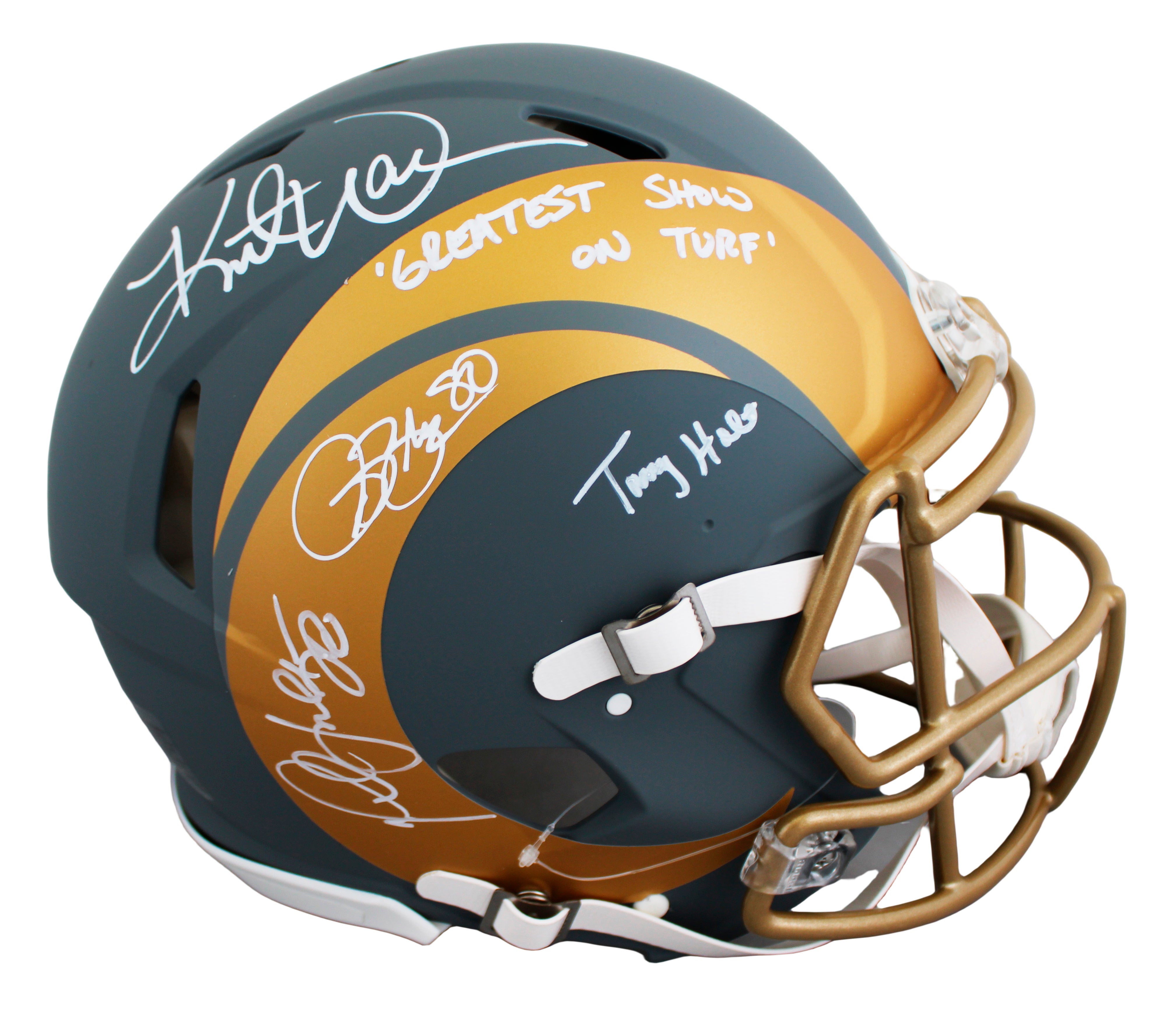 (4) Bruce, Warner, Faulk +1 Signed Slate F/S Speed Proline Helmet W/ Case BAS W