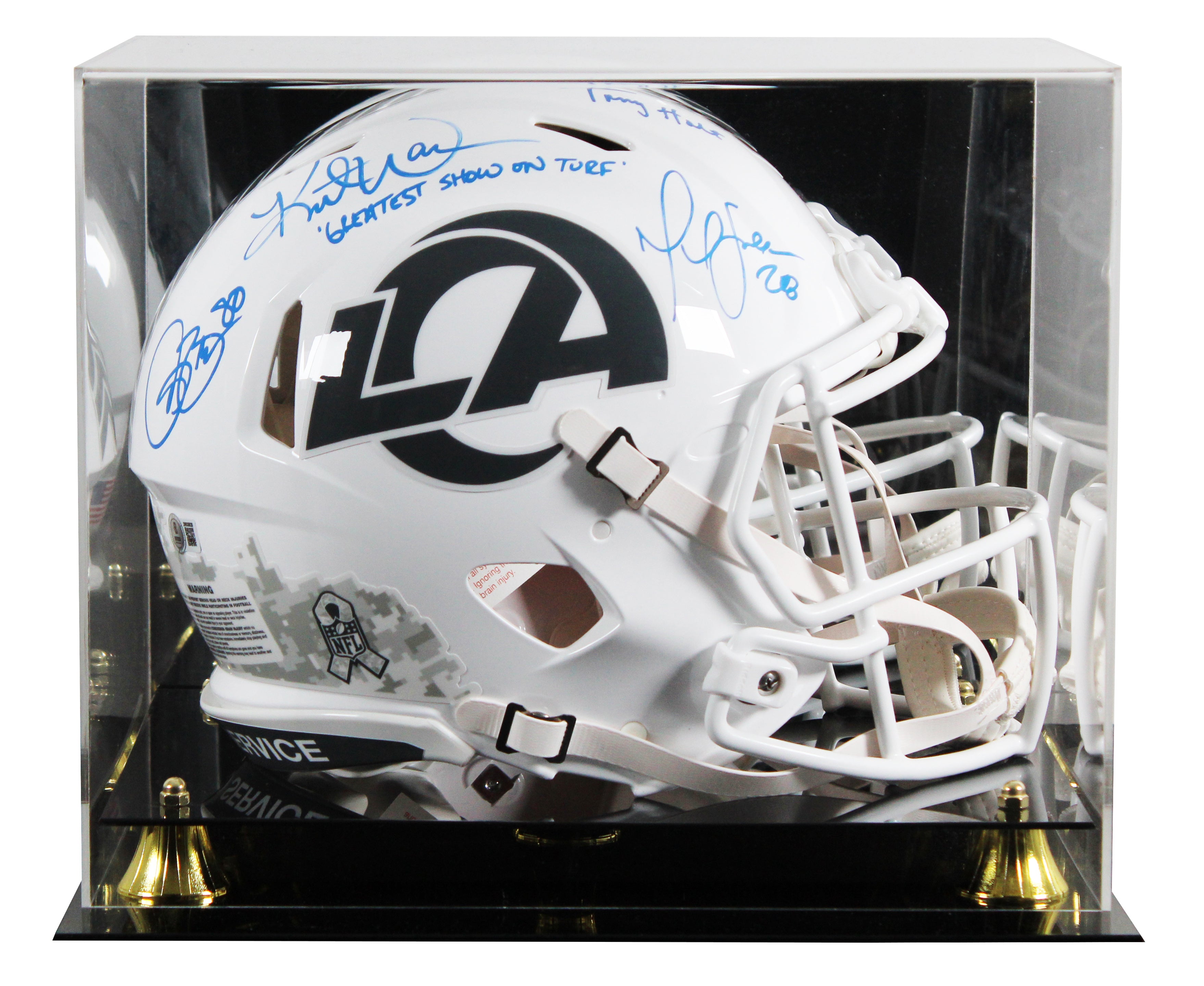 (4) Bruce, Warner, Faulk +1 Signed STS III F/S Speed Proline Helmet W/ Case BAS