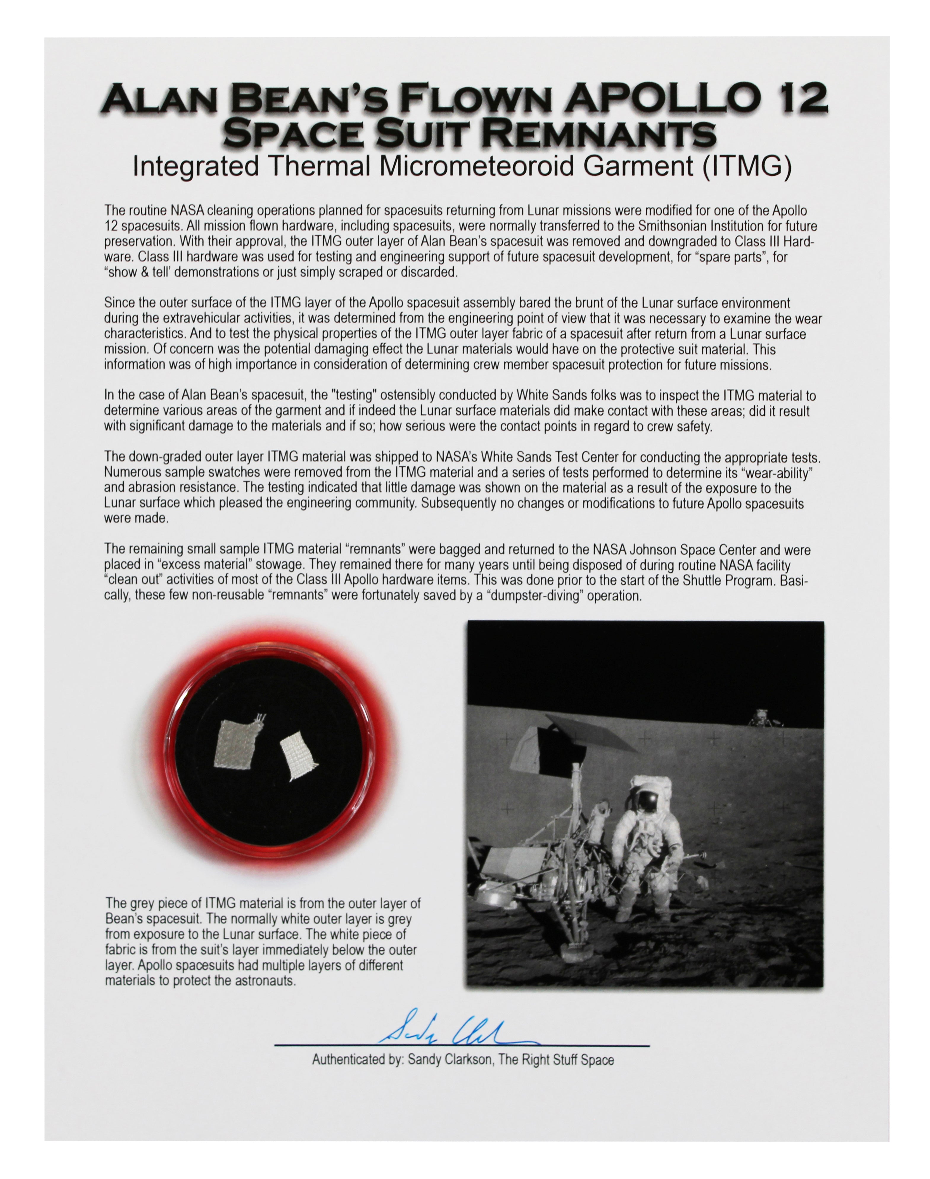 Alan Bean Flown 1969 Apollo 12 Outer & Secondary Layer Space Suit Remnants