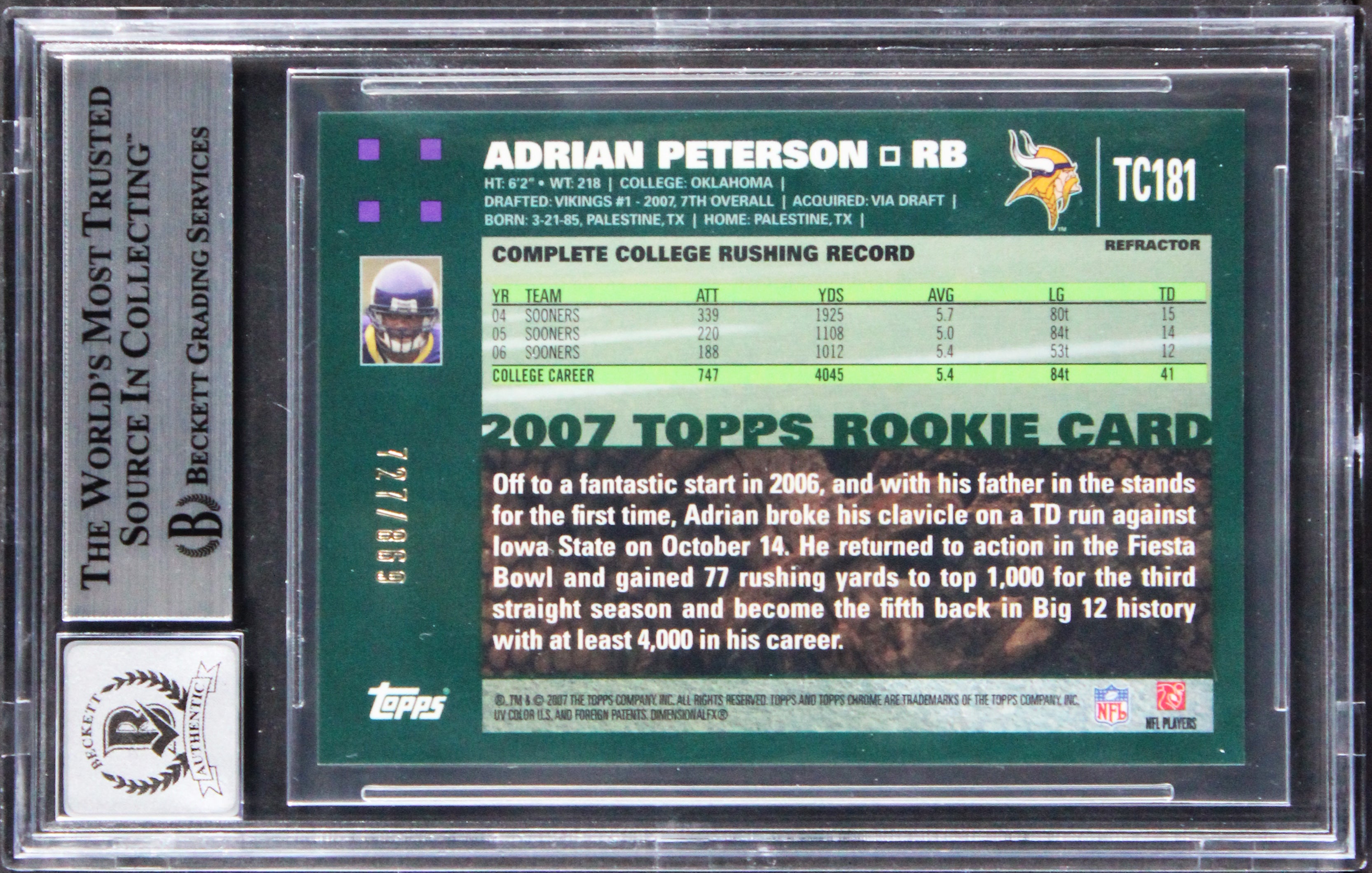 Adrian Peterson Signed 2007 Topps Chrome White Ref #TC181 Card Auto 10! BAS Slab