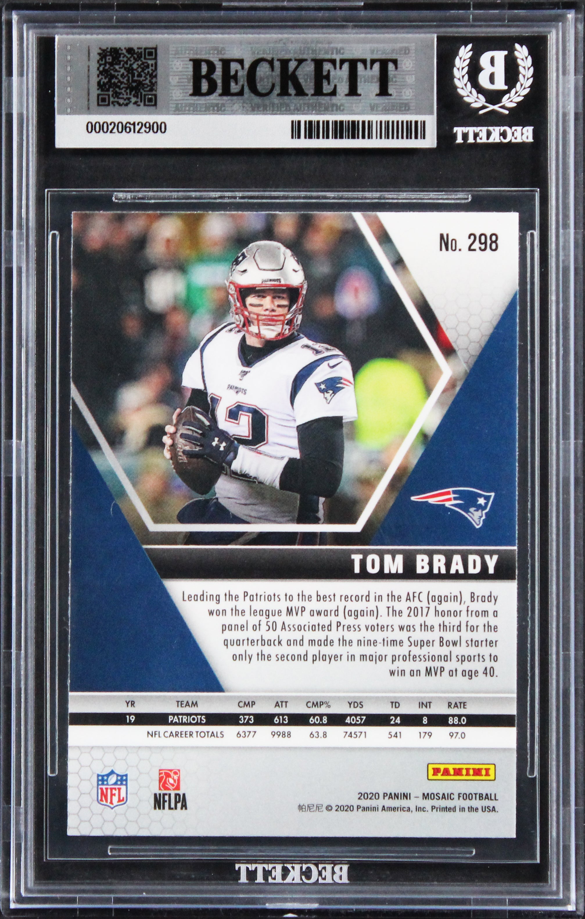 Patriots Tom Brady Signed 2020 Panini Mosaic #298 Card Auto 10! BAS Slabbed