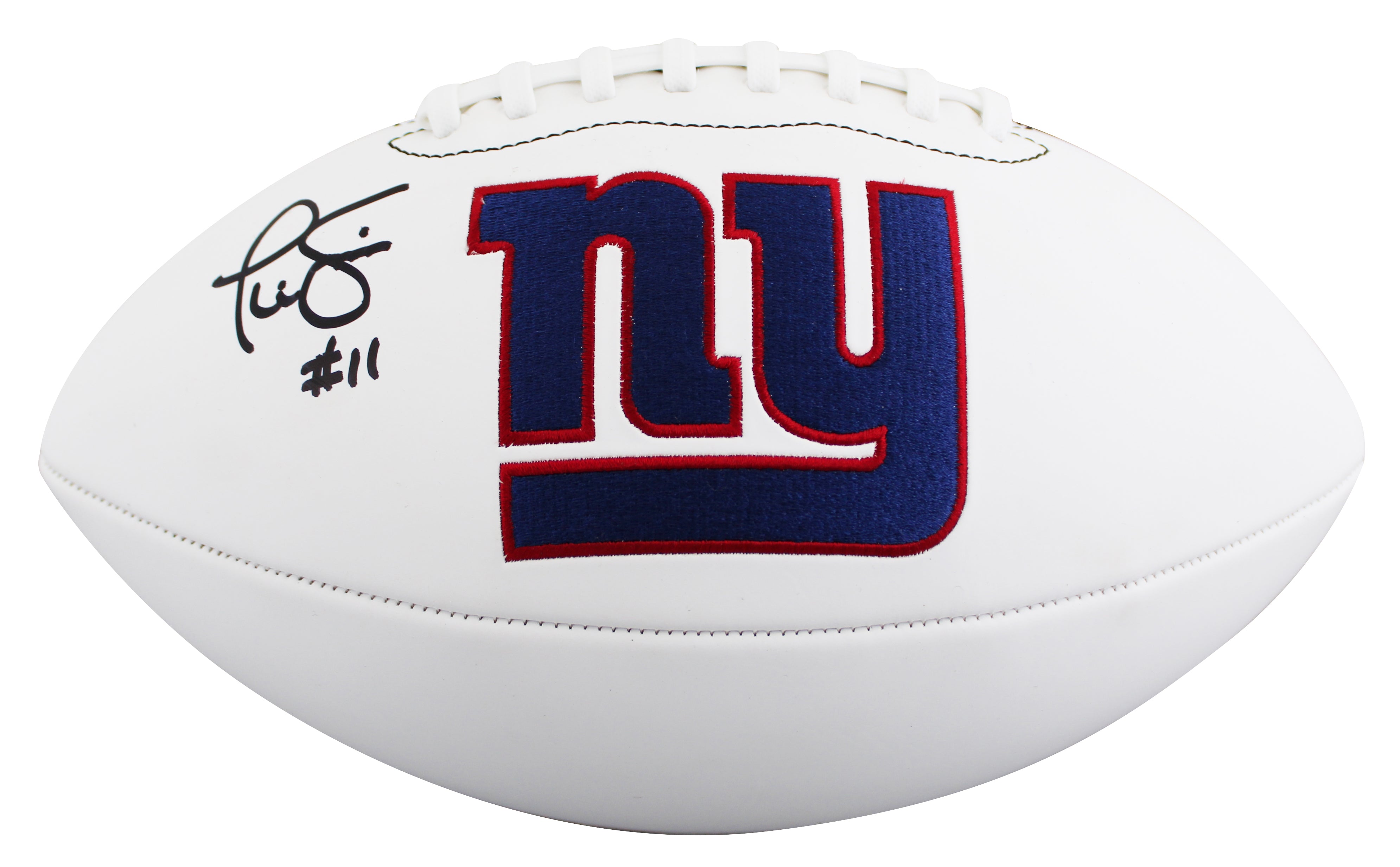 Giants Phil Simms Signed Wilson White Panel Logo Football BAS Witnessed