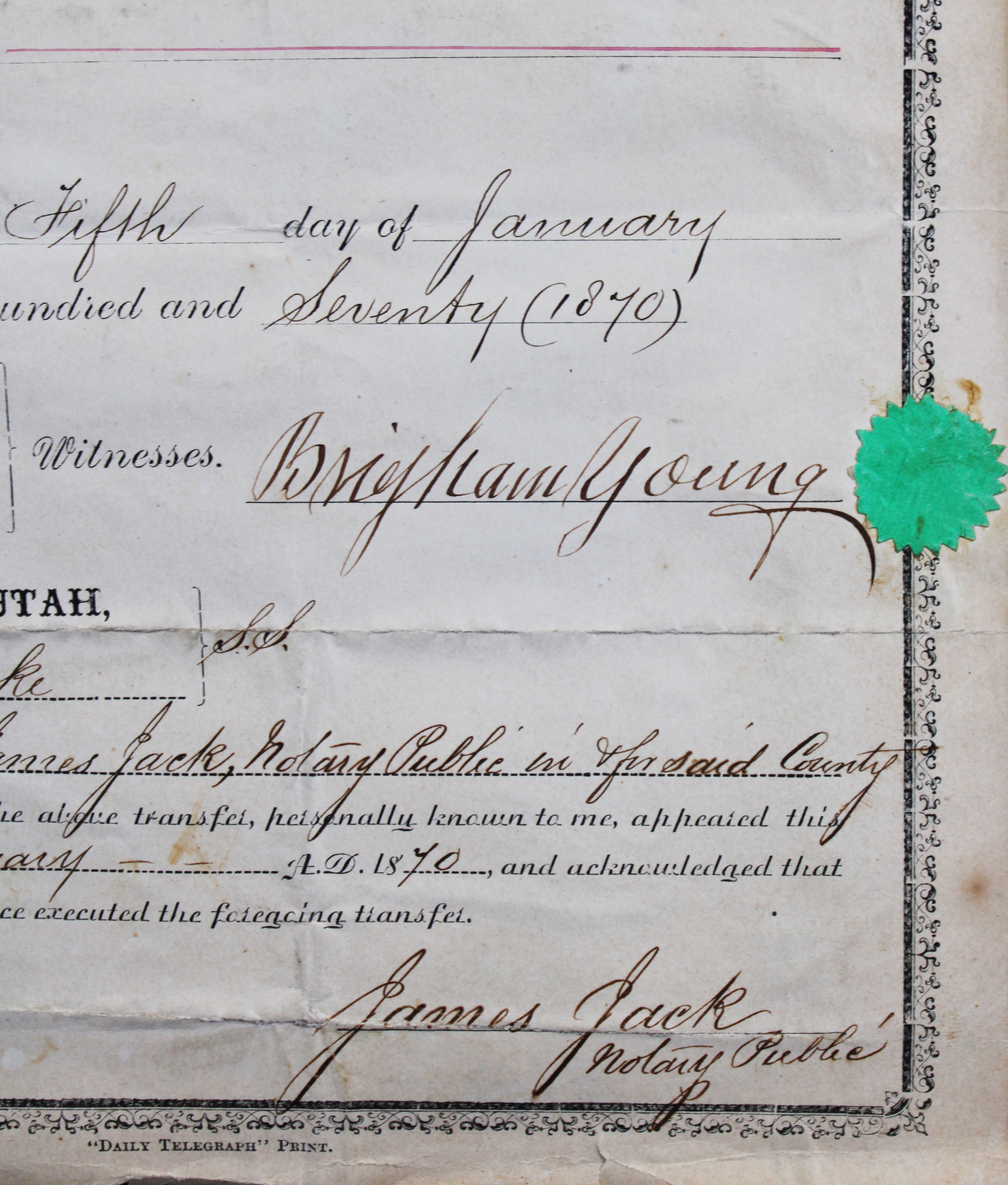 Brigham Young Signed 8x12.75 1870 Land Transfer Deed Document BAS #AE64447