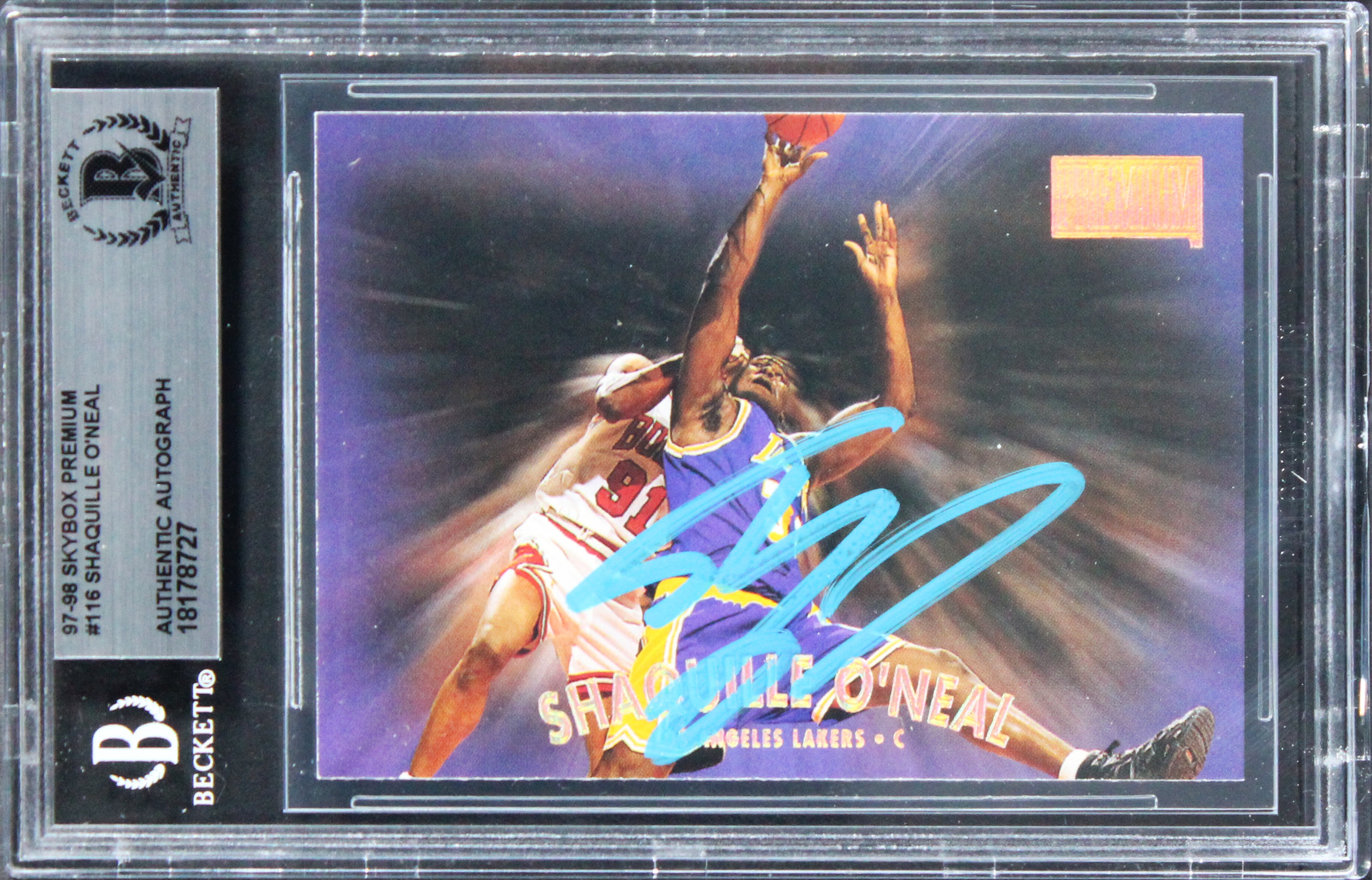 Lakers Shaquille O'Neal Signed 1997 Skybox Premium #116 Card BAS Slabbed
