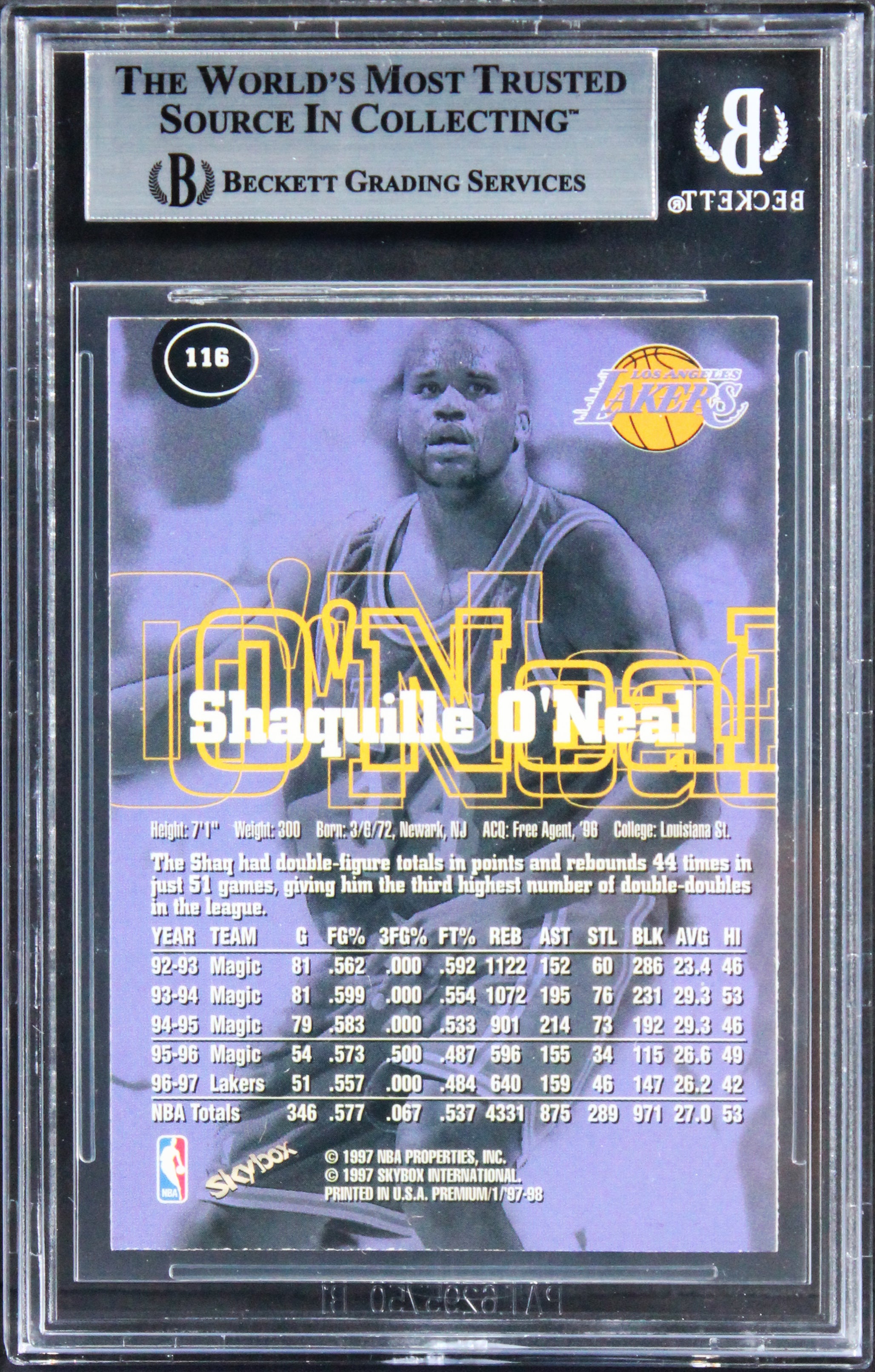 Lakers Shaquille O'Neal Signed 1997 Skybox Premium #116 Card BAS Slabbed