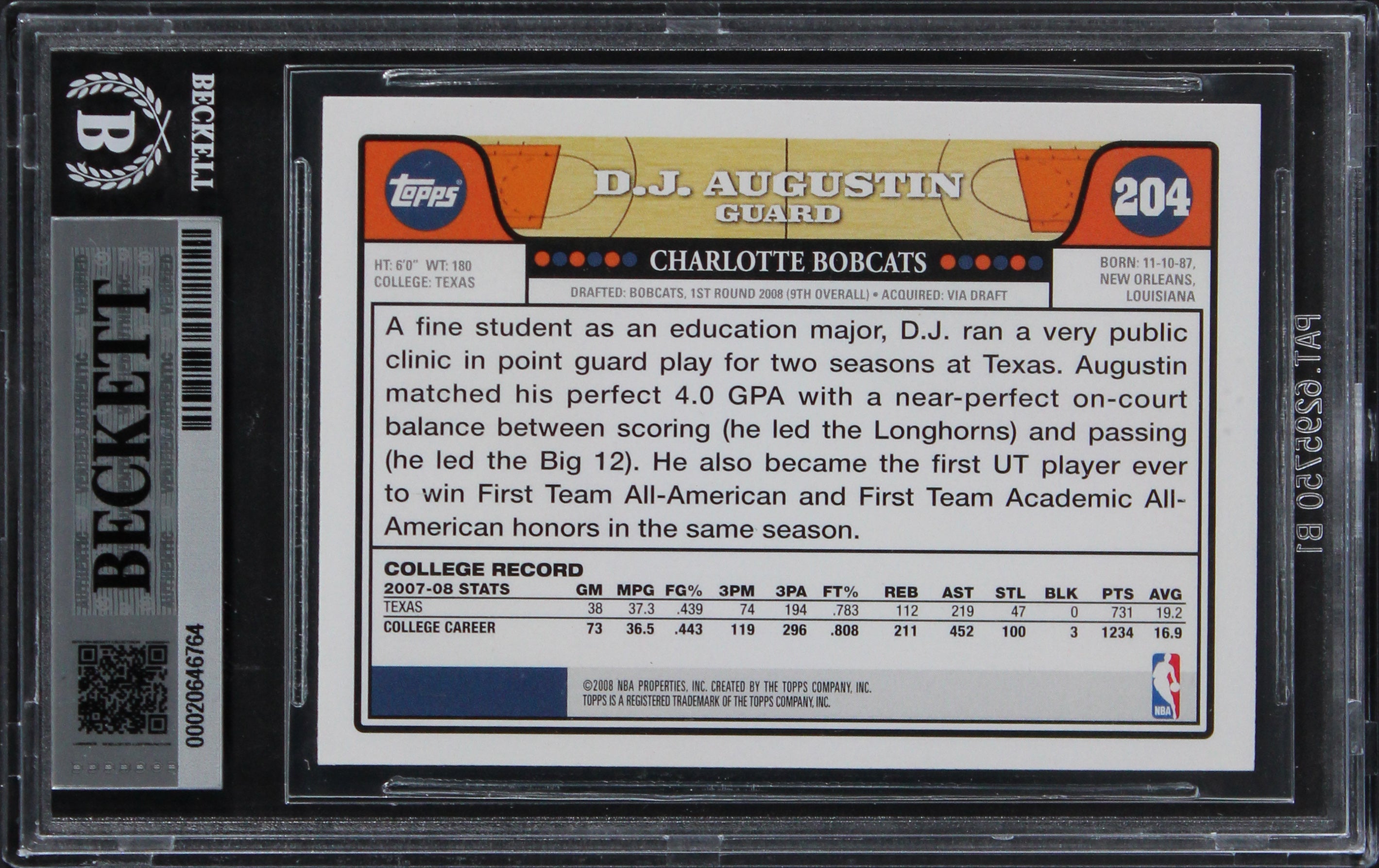 Bobcats D.J. Augustin Authentic Signed 2008 Topps #204 Rookie Card BAS Slabbed