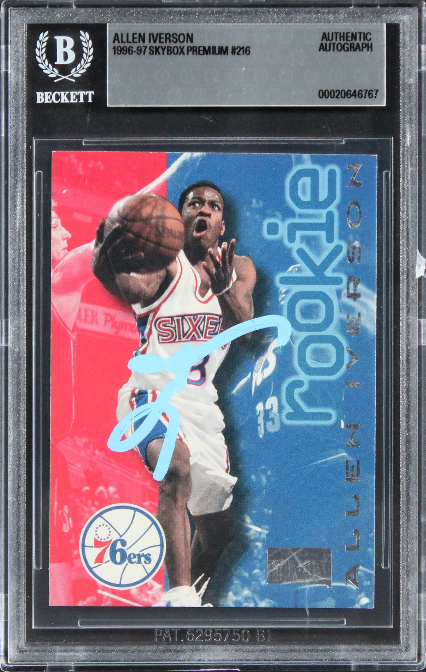76ers Allen Iverson Signed 1996 Skybox Premium #216 Rookie Card BAS Slabbed