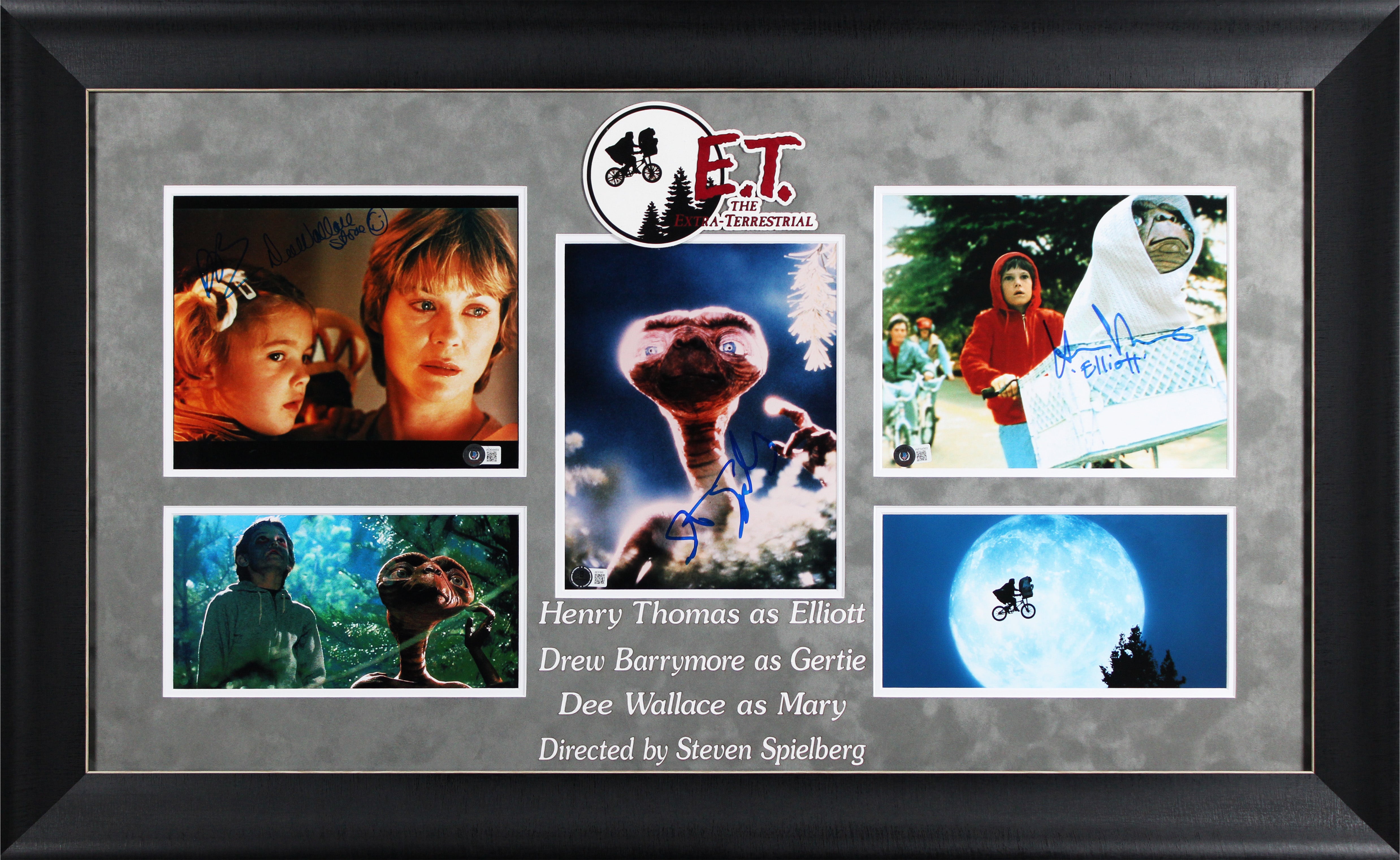 E.T. (4) Spielberg, Barrymore, Thomas & Wallace Signed Framed Display BAS