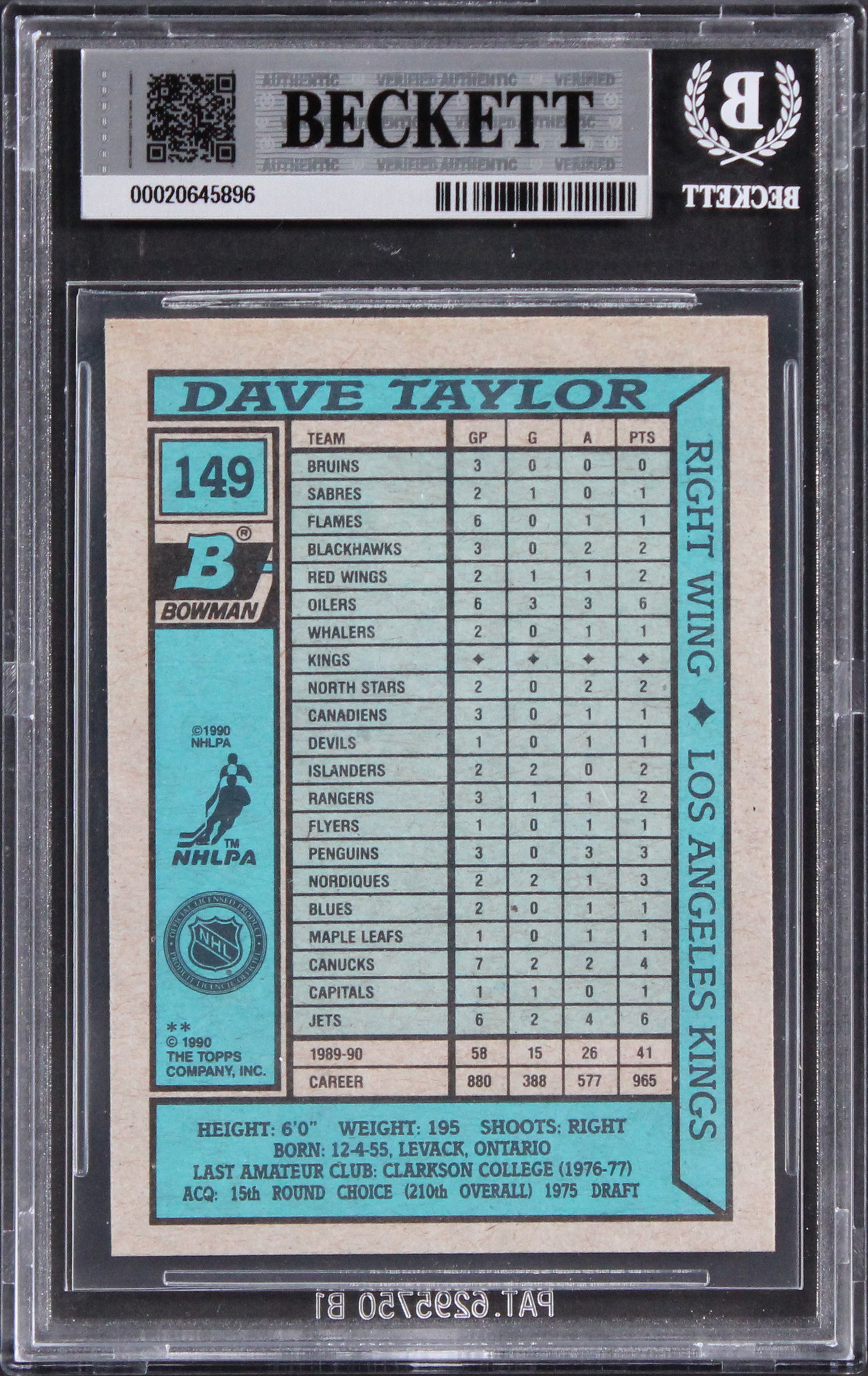 Kings Dave Taylor Signed 1990 Bowman #149 Card Auto Gem Mint 10! BAS Slabbed