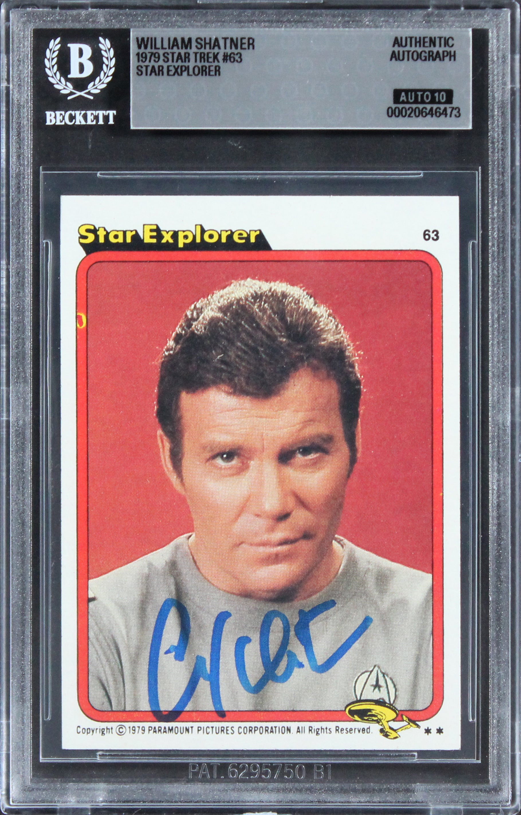 William Shatner Signed 1979 Star Trek #63 Star Explorer Card Auto 10! BAS Slab