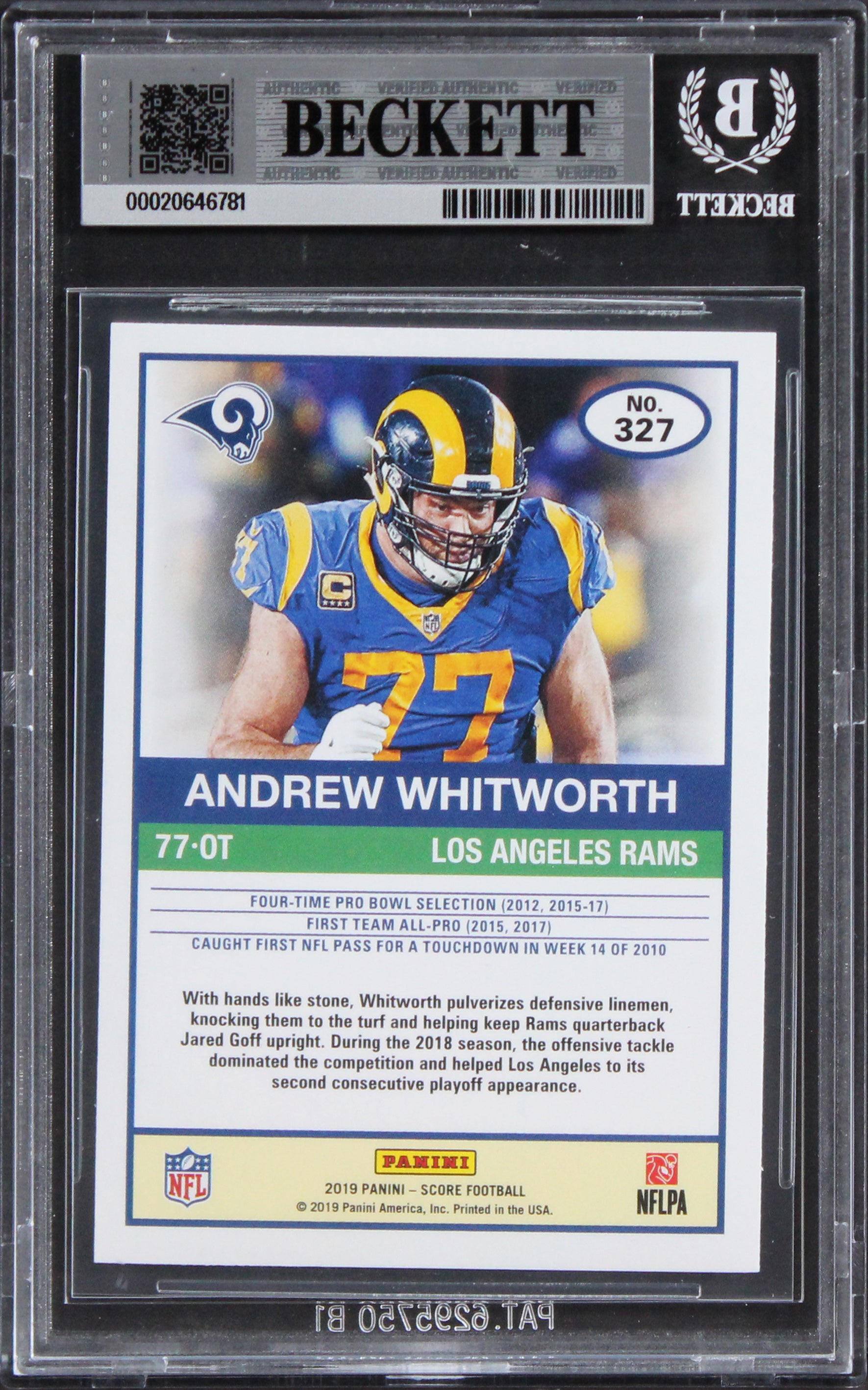 Rams Andrew Whitworth Authentic Signed 2019 Score #327 Card BAS Slabbed