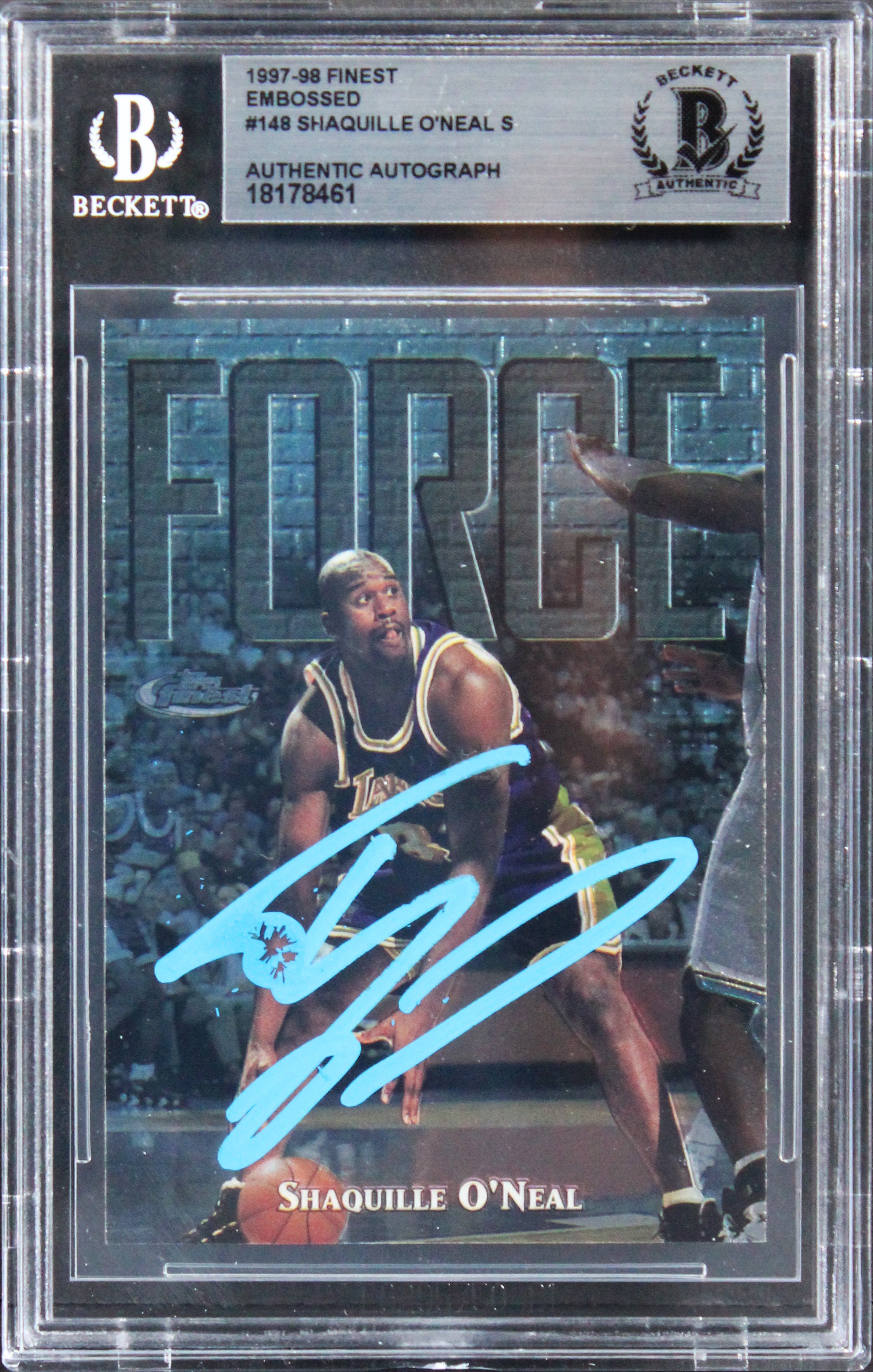 Lakers Shaquille O'Neal Signed 1997 Finest Embossed #148 Card BAS Slabbed