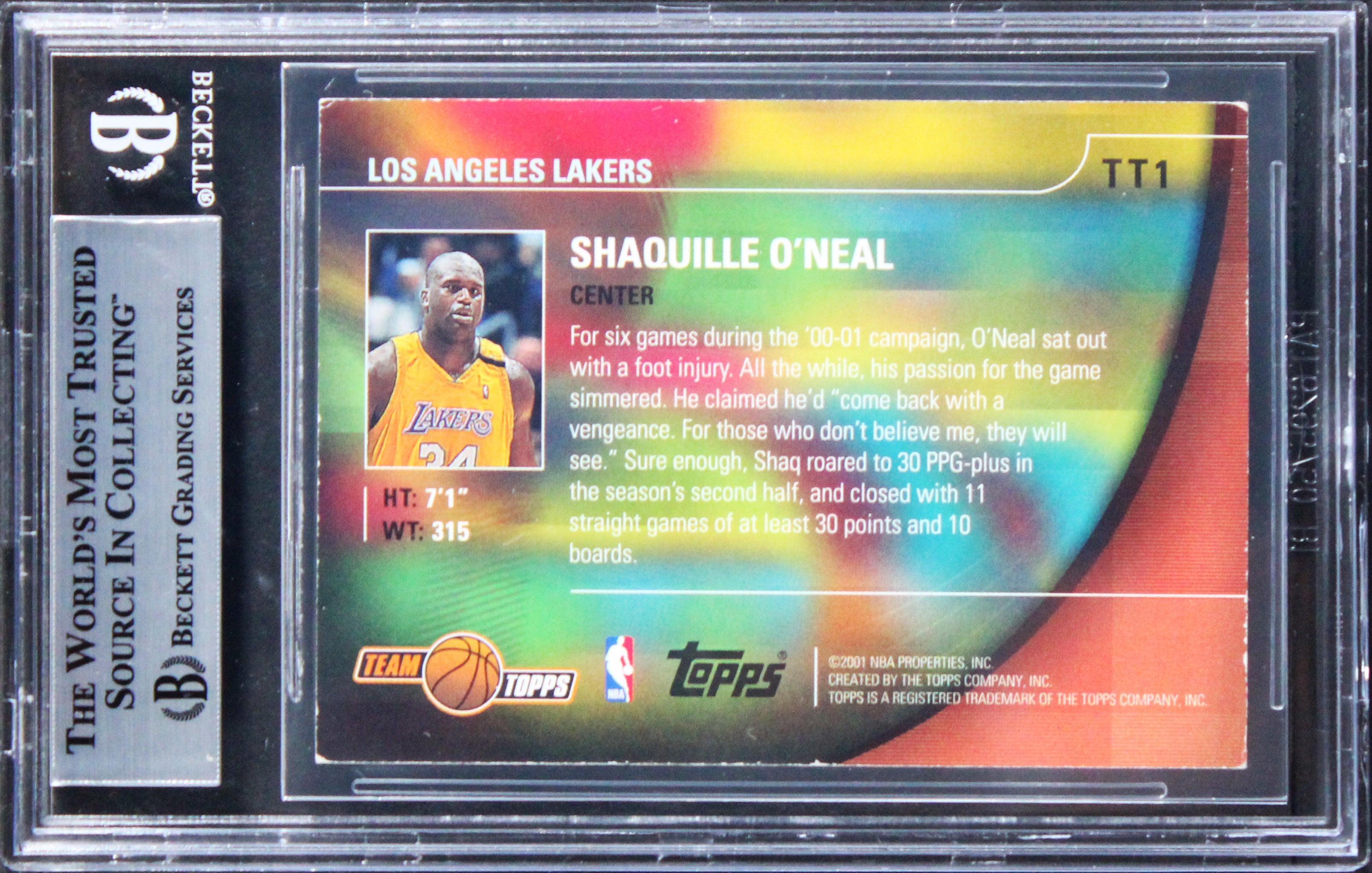 Lakers Shaquille O'Neal Signed 2001 Topps Team Topps #TT1 Card BAS Slabbed