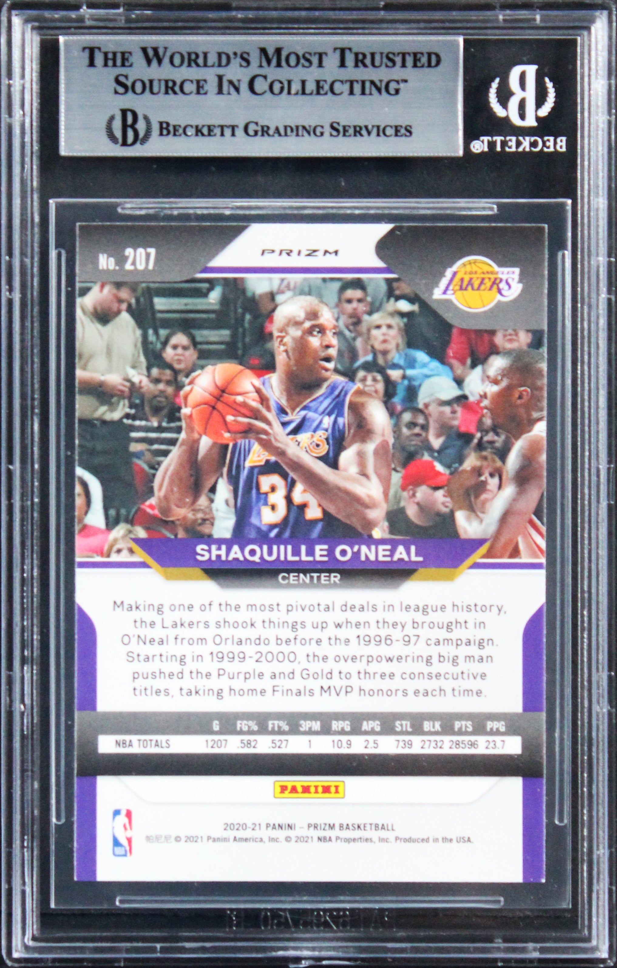 Lakers Shaquille O'Neal Signed 2020 Panini Prizm Purple Wave #207 Card BAS Slab