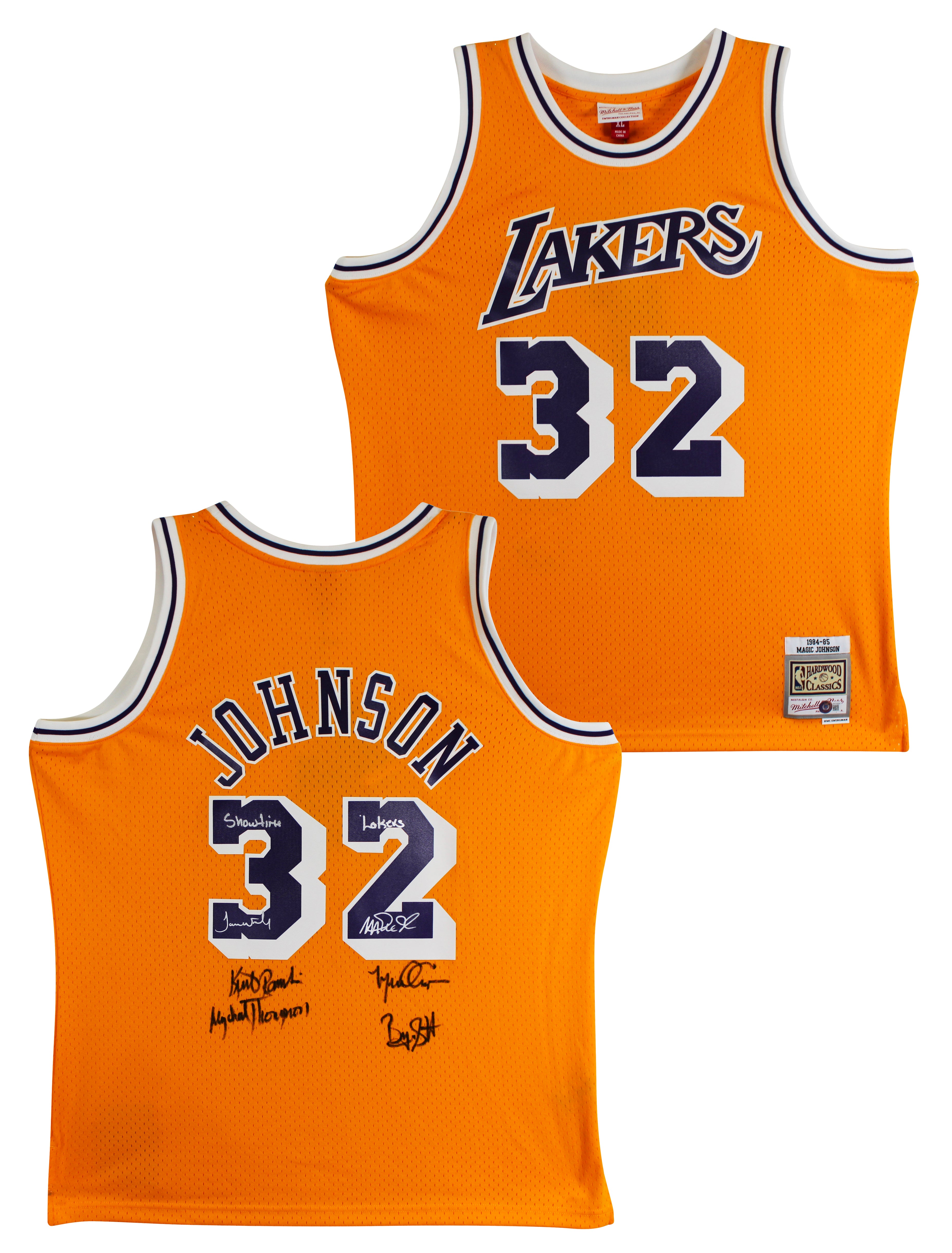 Showtime Lakers (6) Johnson, Worthy, Rambis +3 Signed Yellow M&N Jersey BAS Wit