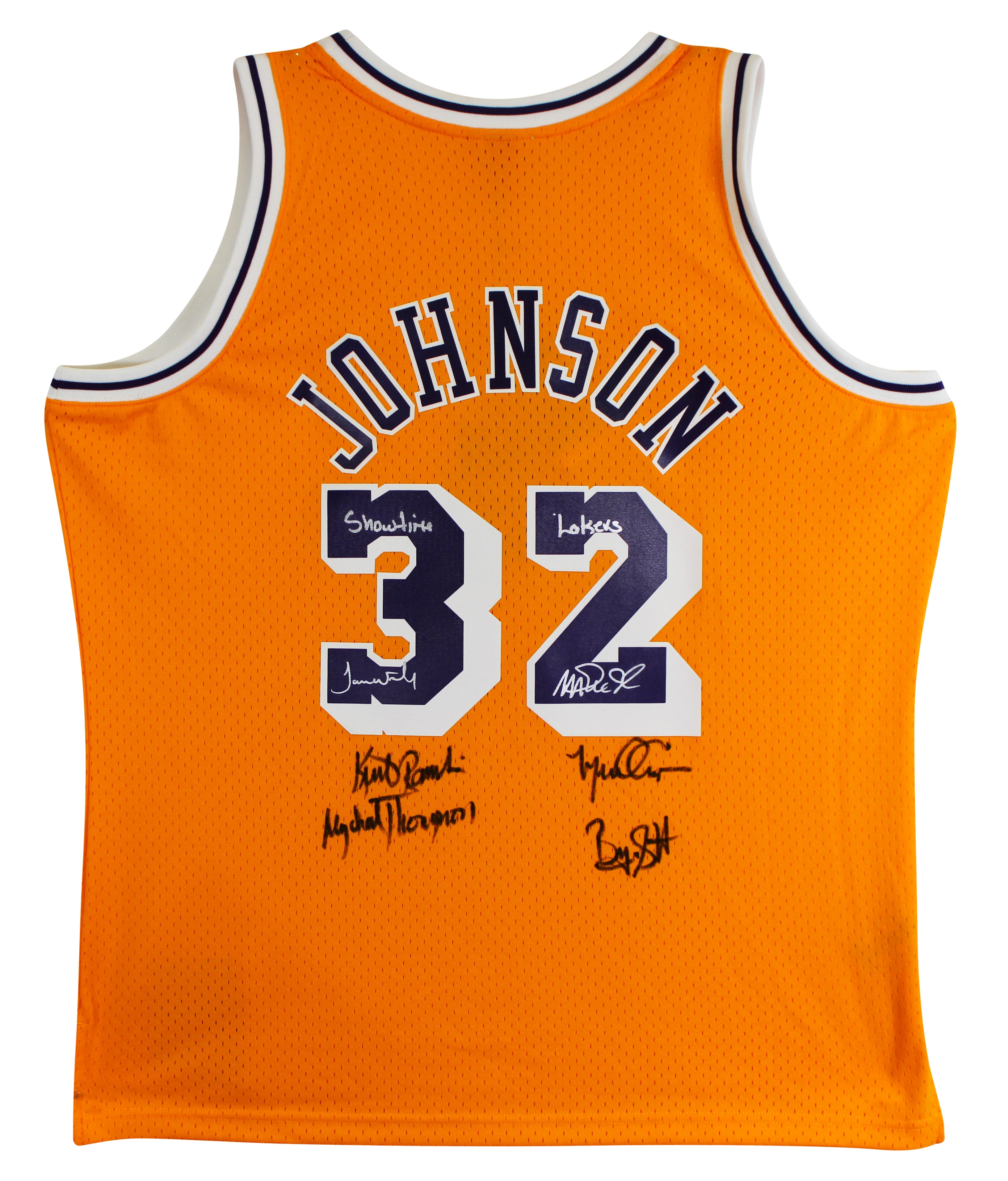Showtime Lakers (6) Johnson, Worthy, Rambis +3 Signed Yellow M&N Jersey BAS Wit