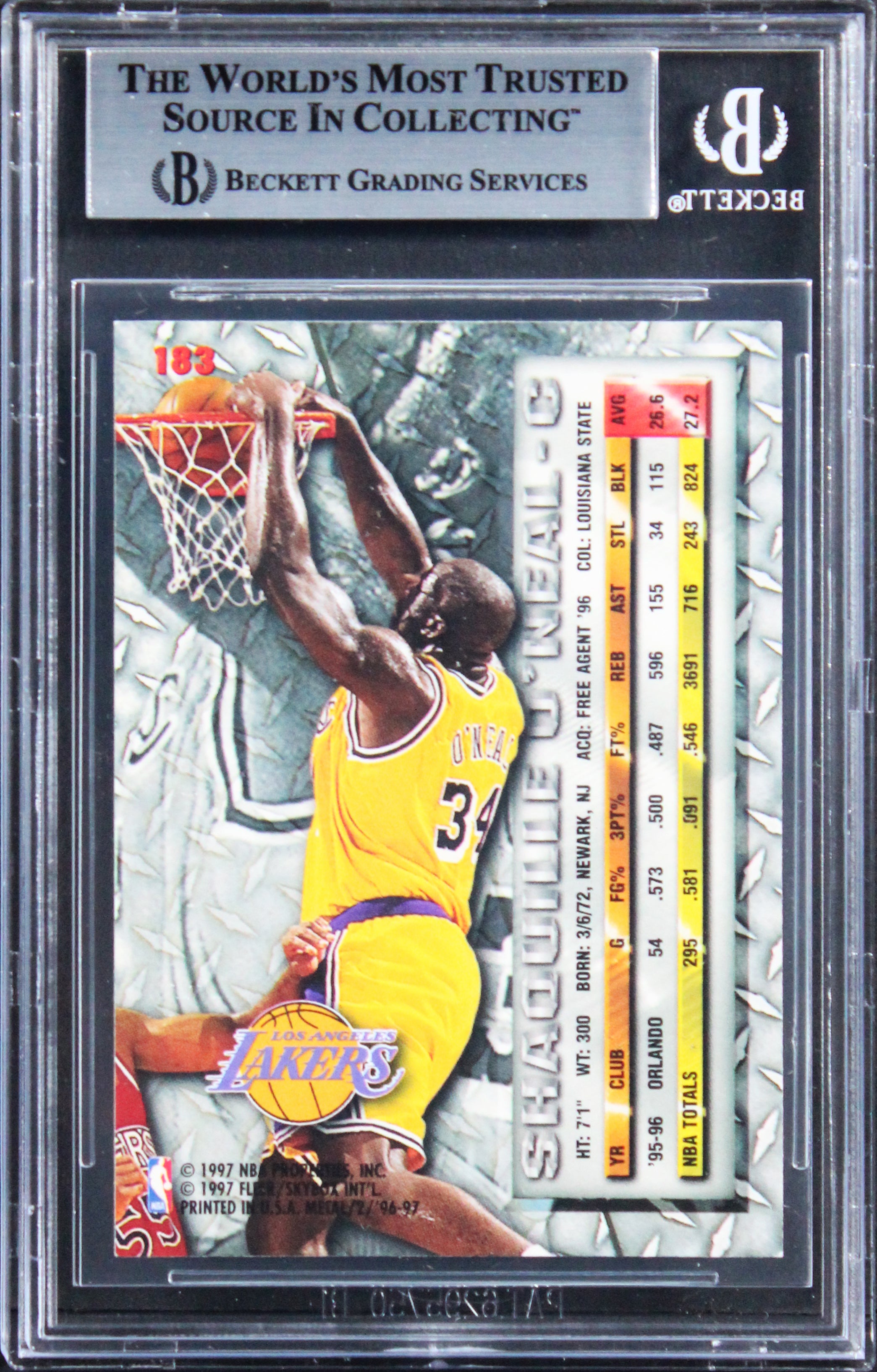 Lakers Shaquille O'Neal Authentic Signed 1996 Metal #183 Card BAS Slabbed