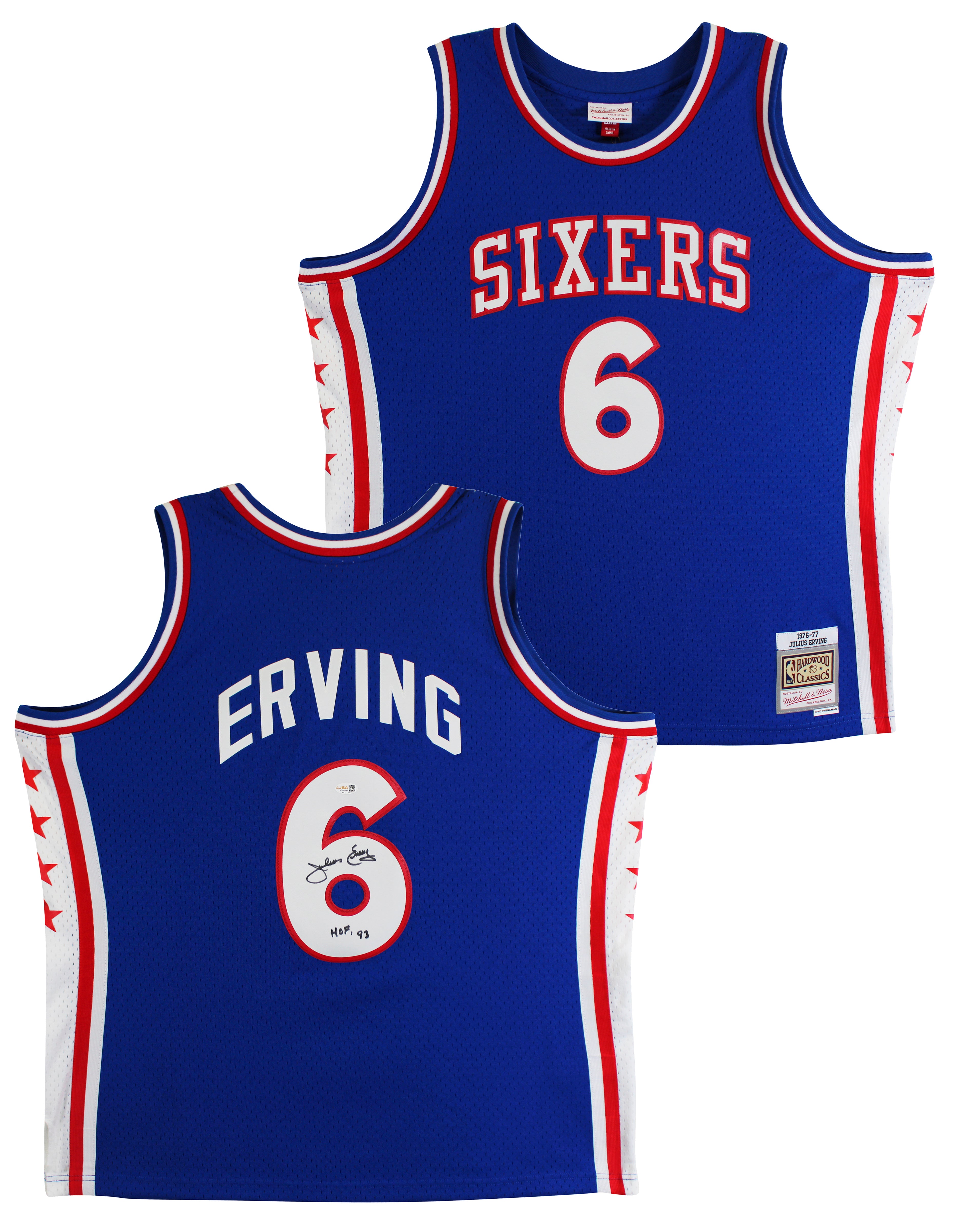 76ers Julius "Dr. J." Erving Signed Blue M&N 1976-77 HWC Swingman Jersey JSA Wit