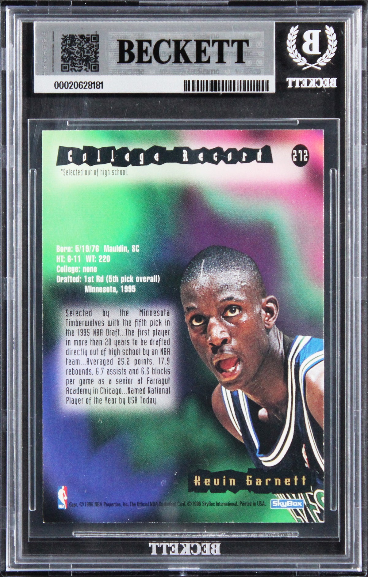 Timberwolves Kevin Garnett Signed 1995 Hoops #272 RC Card Auto 10! BAS Slabbed