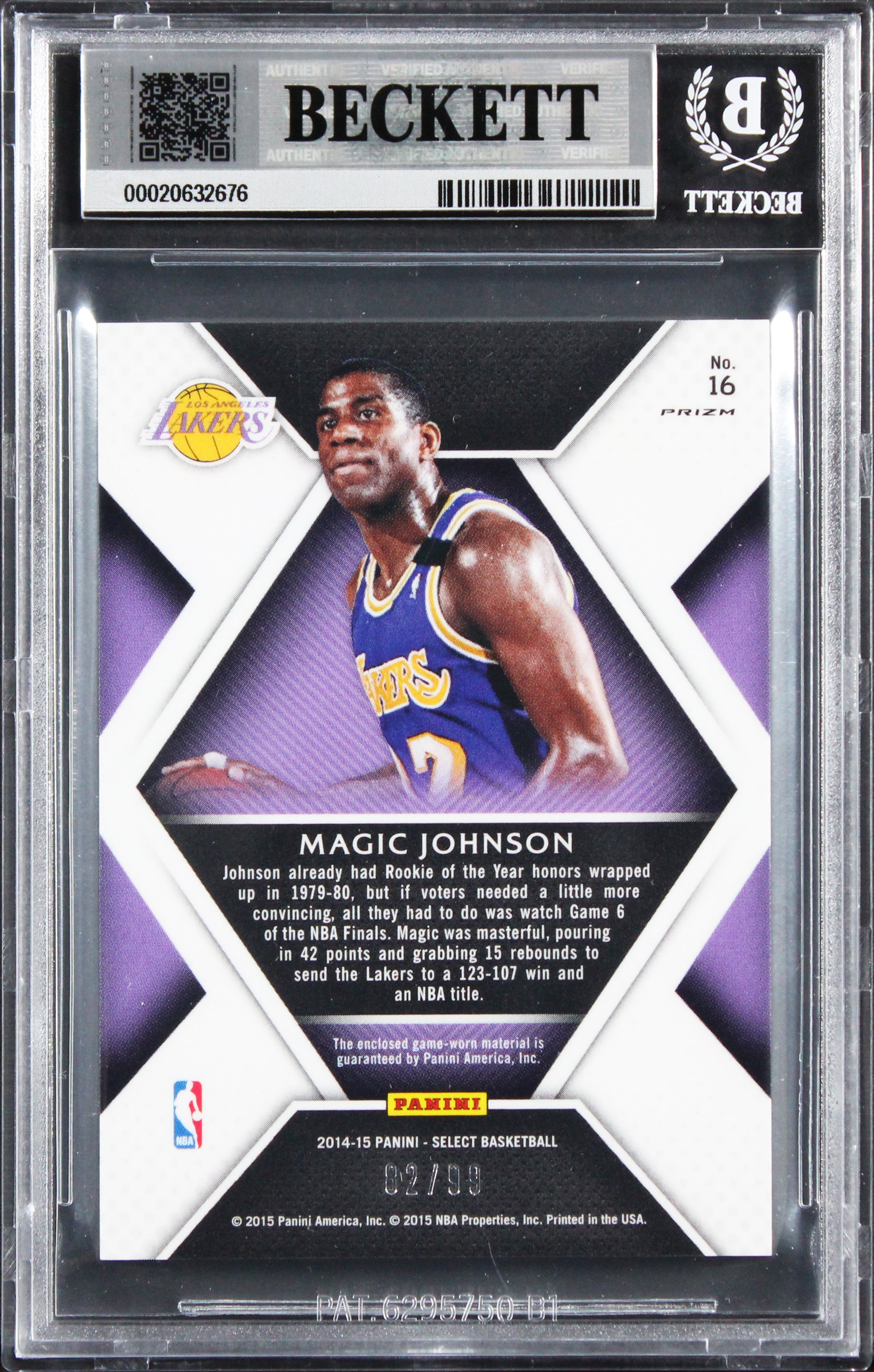 Magic Johnson Signed 2014 Select Swatches #16 82/99 Card Auto 10! BAS Slabbed