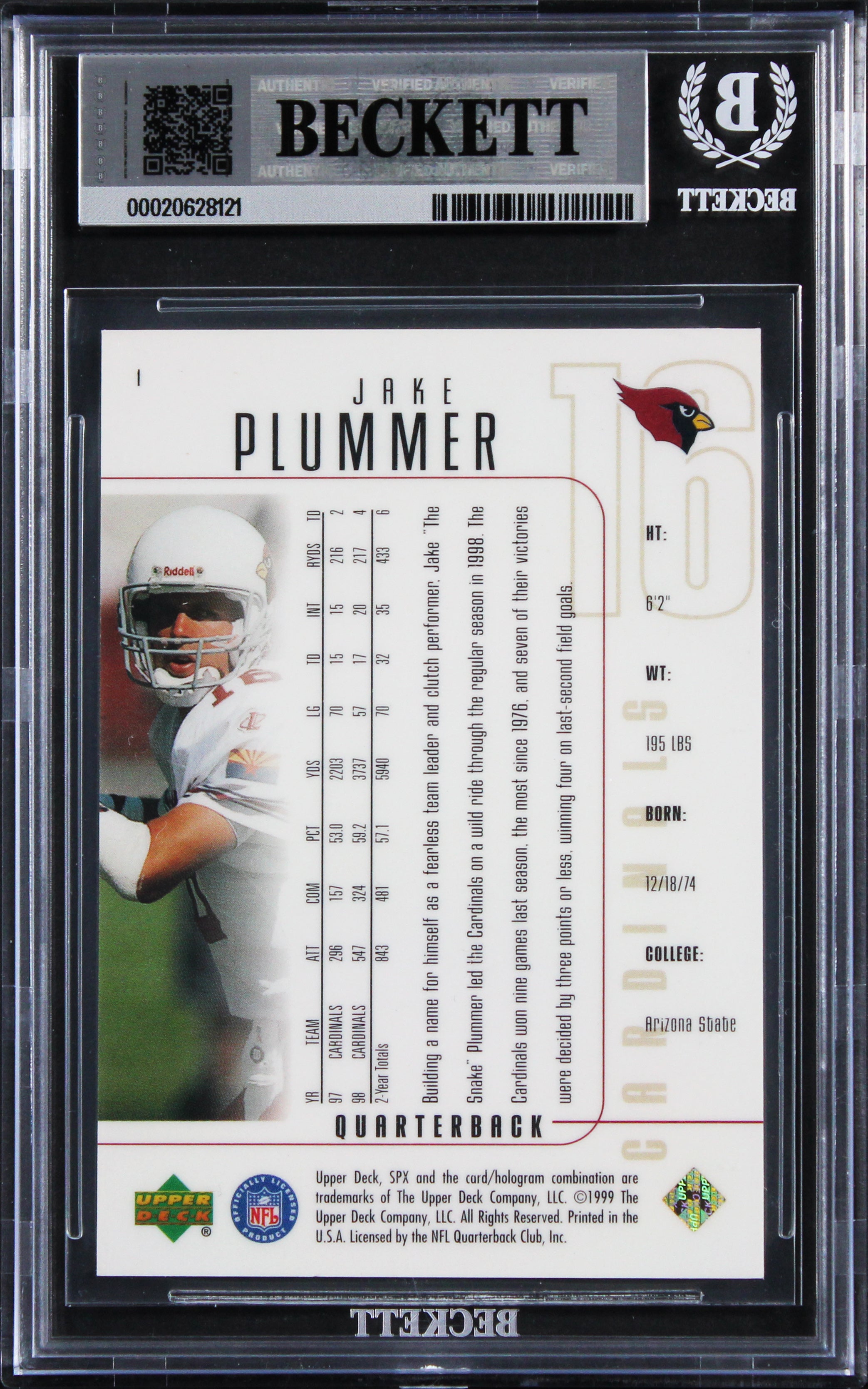 Cardinals Jake Plummer Signed 1999 SPX #1 Card Auto Grade Mint 10! BAS Slabbed